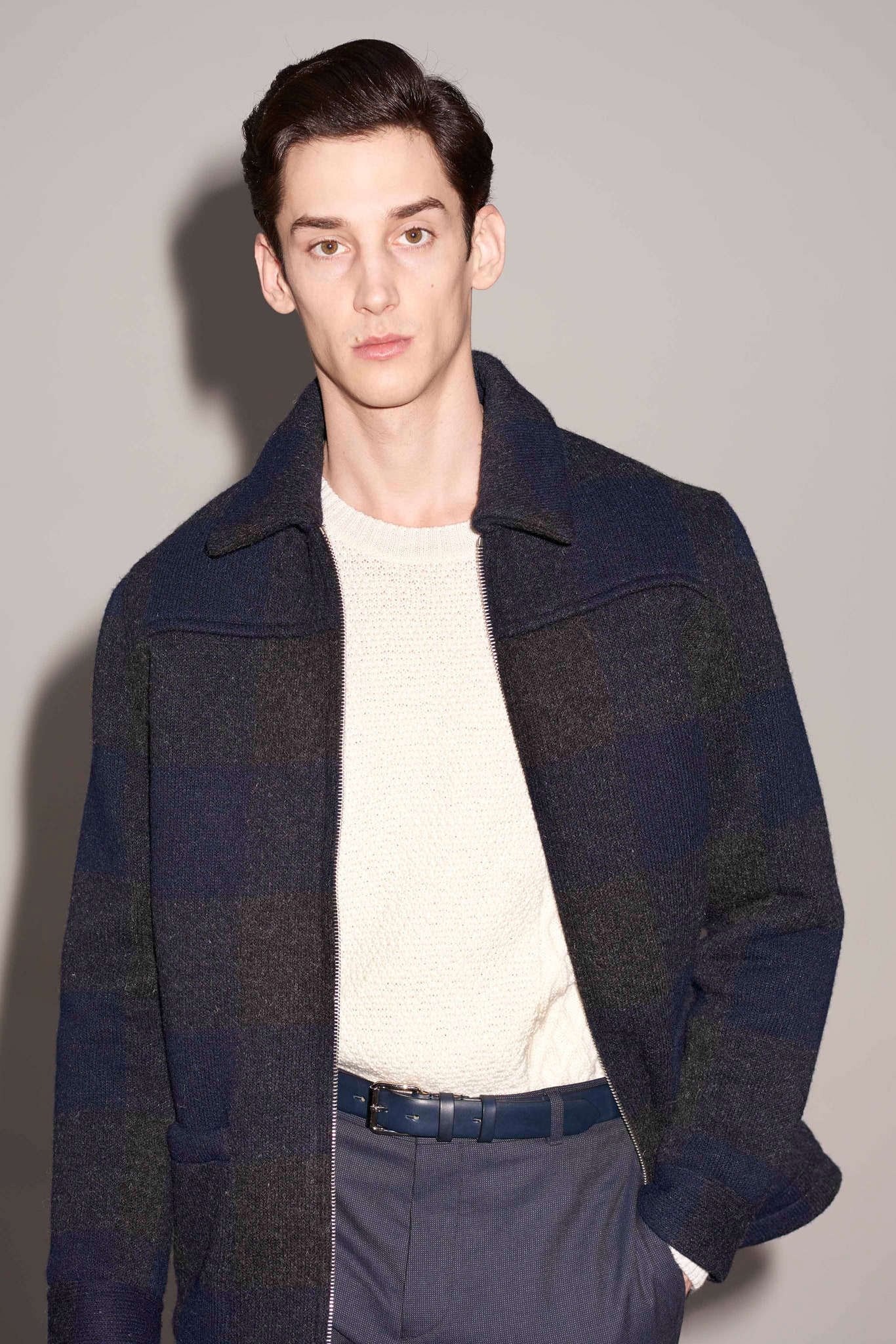 blue checked jacket with white sweater