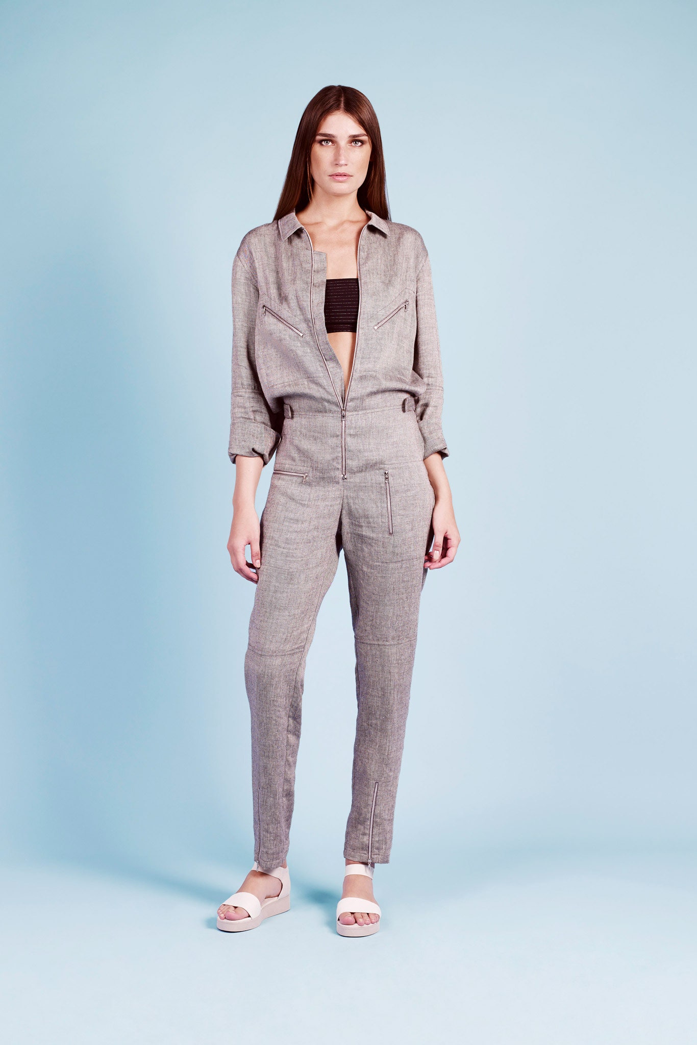 gray linen fitted jumpsuit