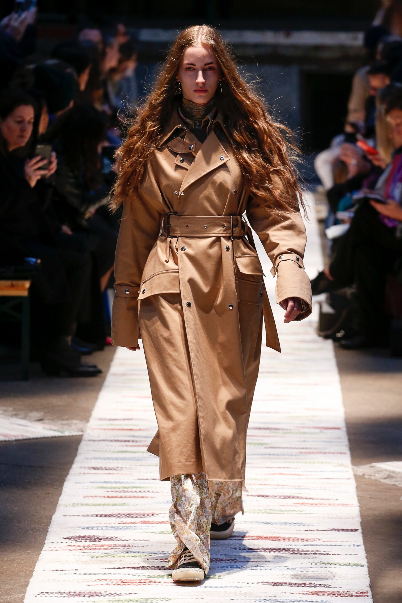 beige trench coat with flared pants