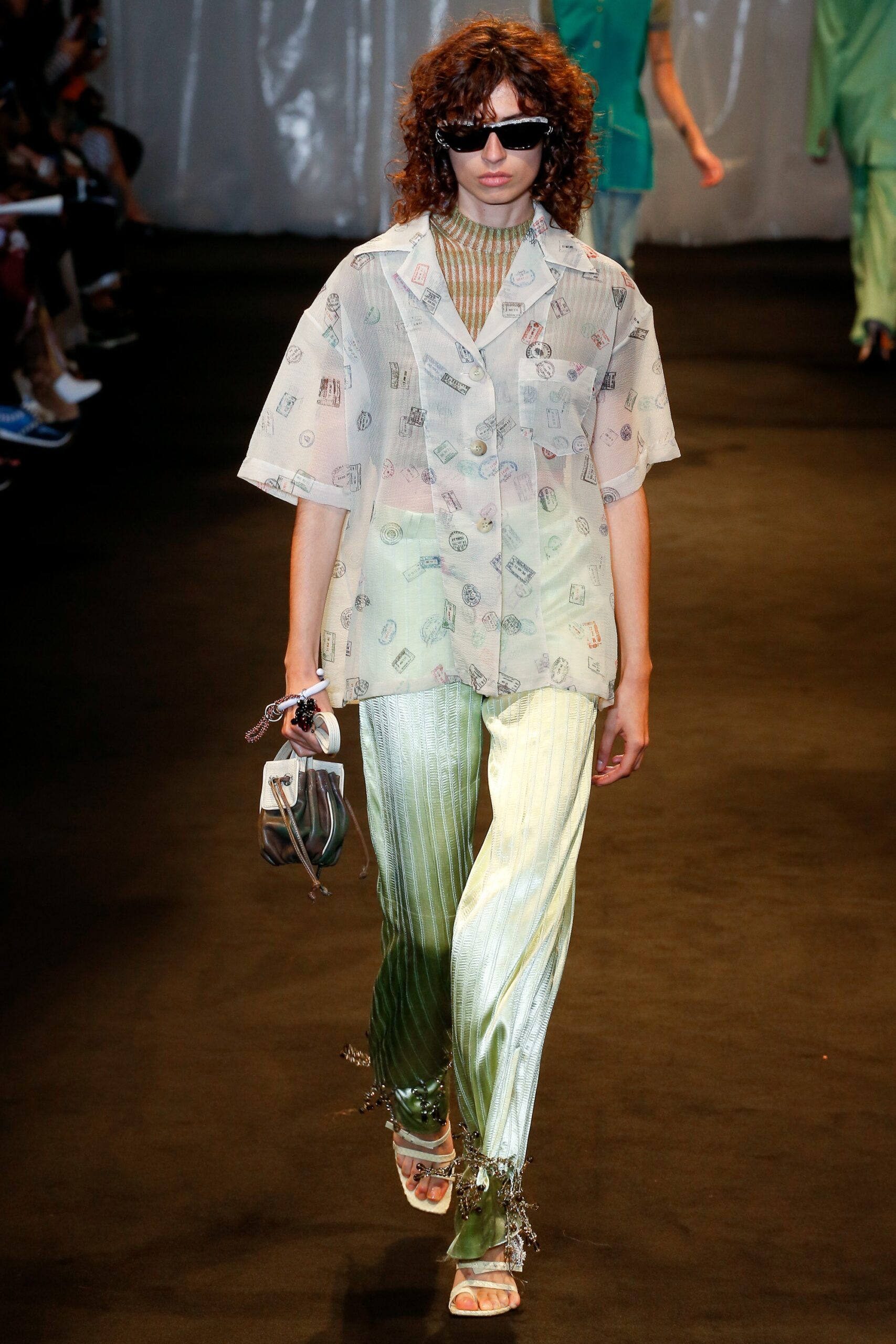 white chiffon short-sleeve collared relaxed printed sheer shirt