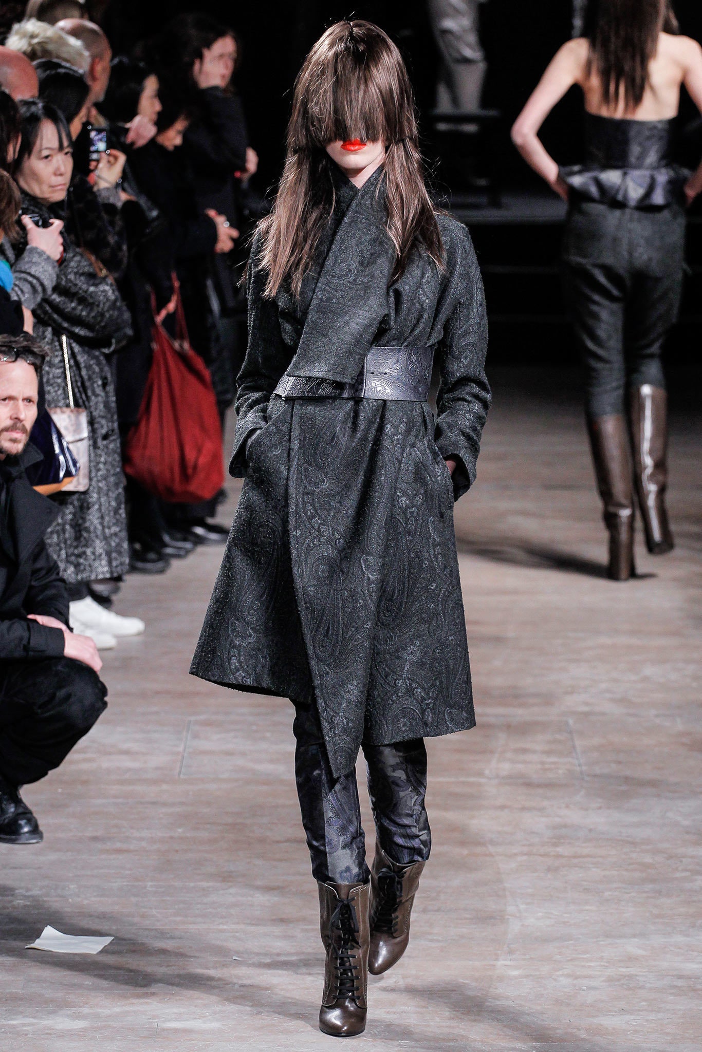 black wool long-sleeve collared fitted belted embroidered coat