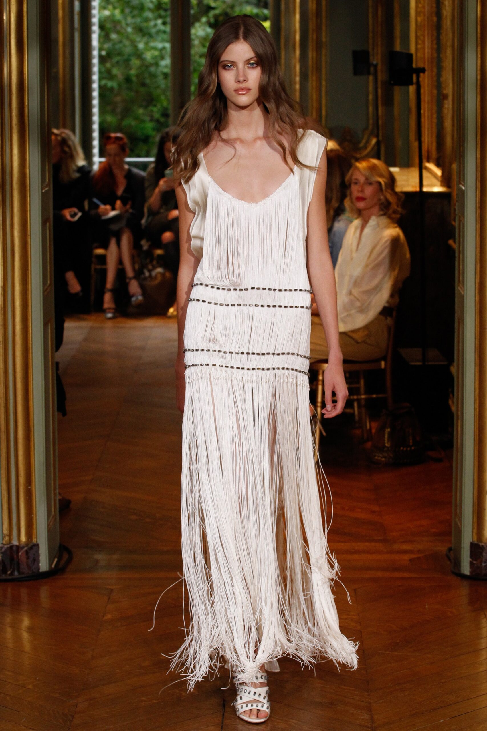 white silk fringed dress