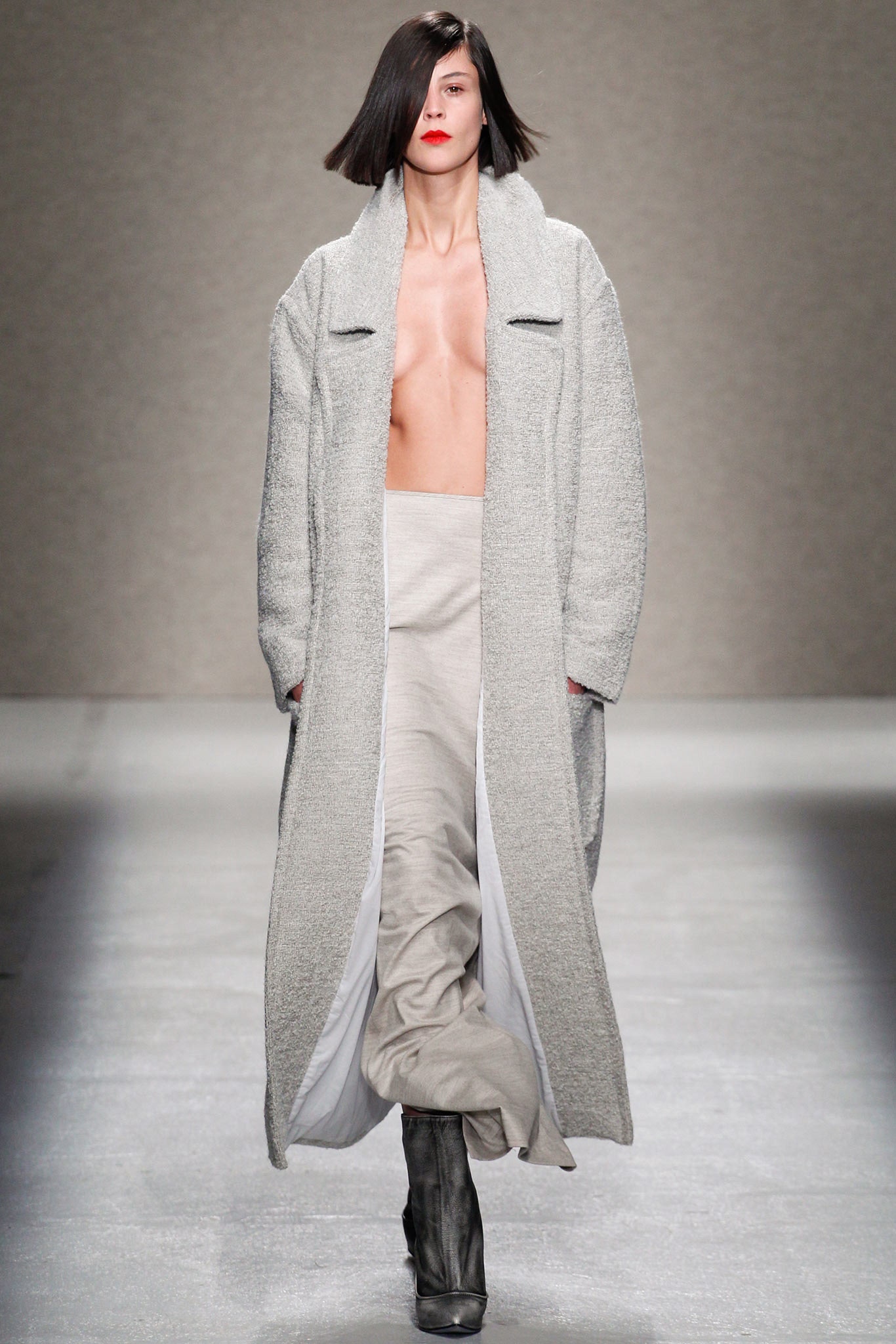 gray wool long-sleeve relaxed draped maxi coat