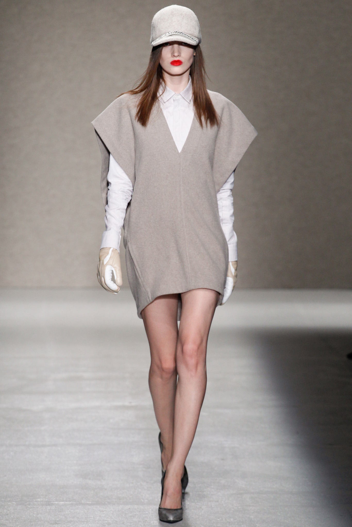 gray wool sleeveless v-neck relaxed mini dress