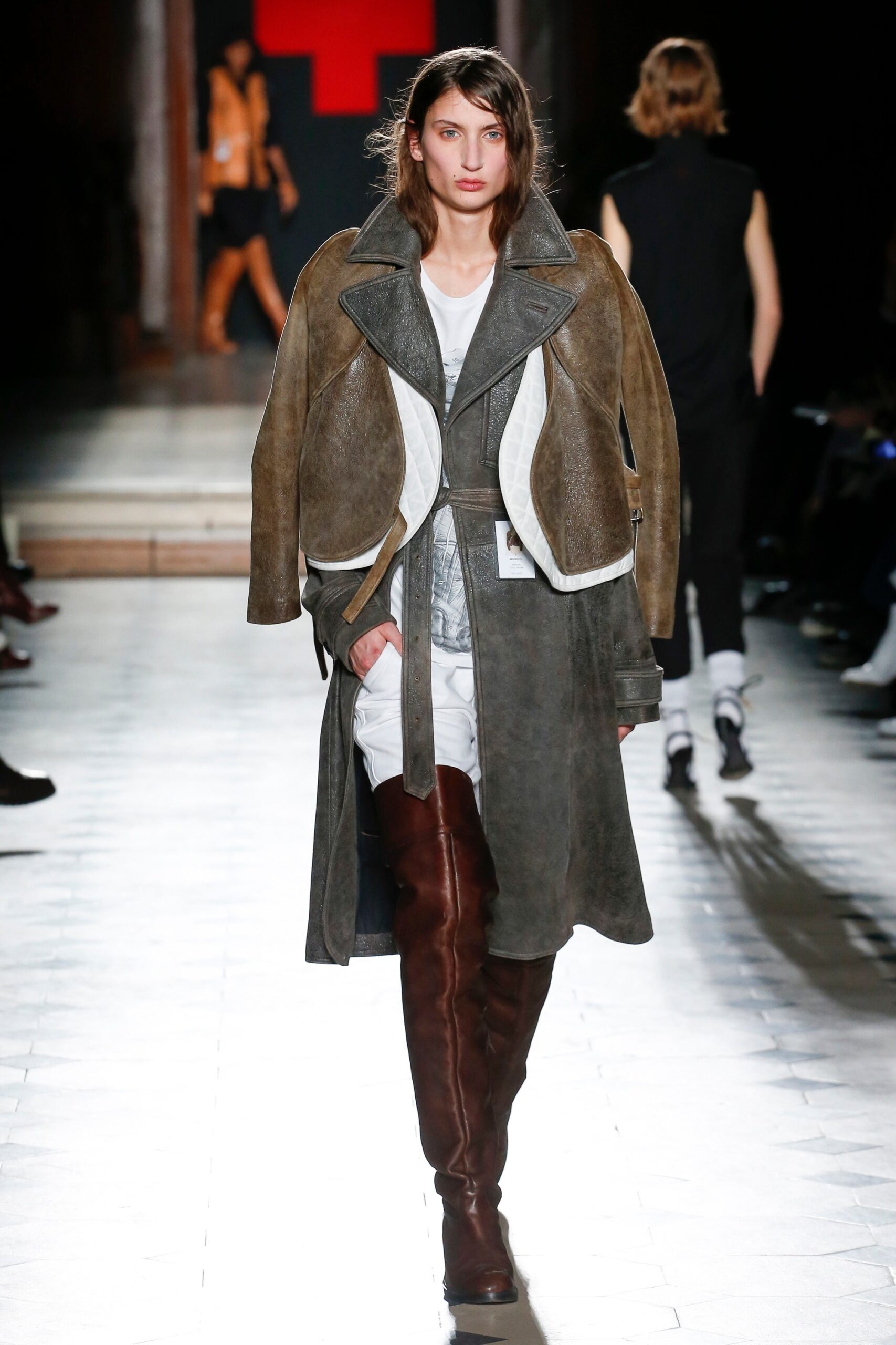 brown leather long-sleeve collared relaxed layered coat