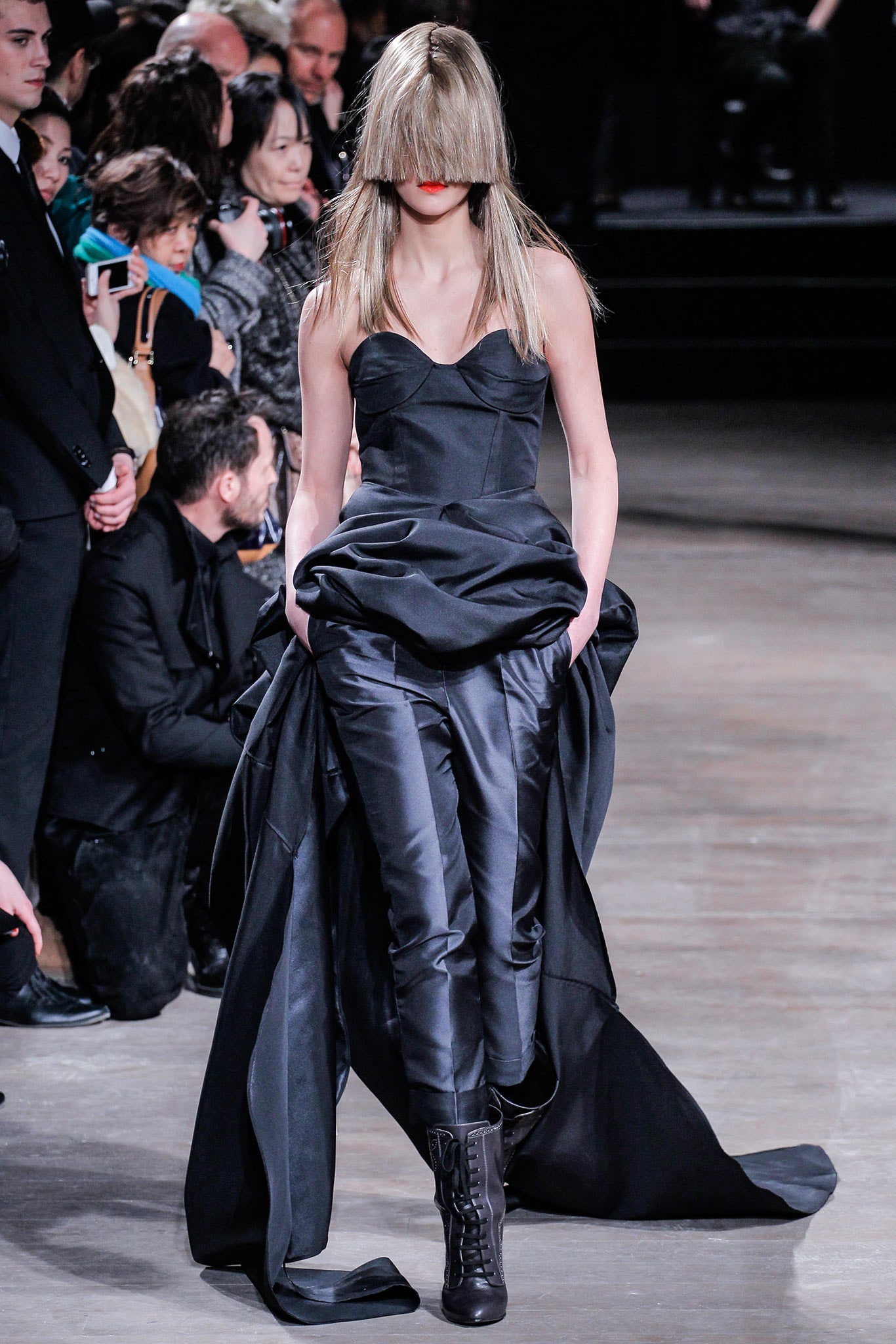 black silk strapless fitted layered maxi gown