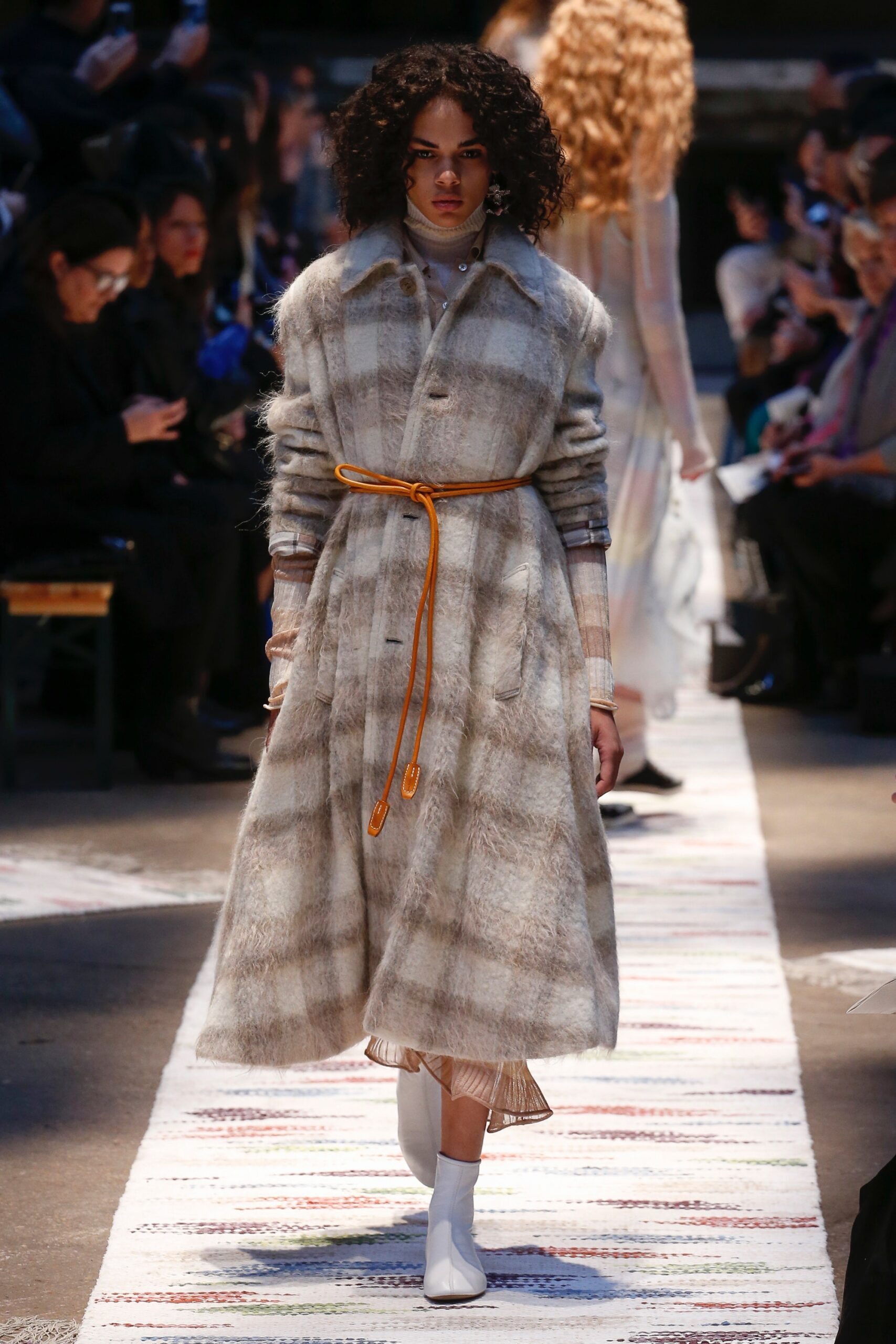 beige gray wool coat and white silk dress