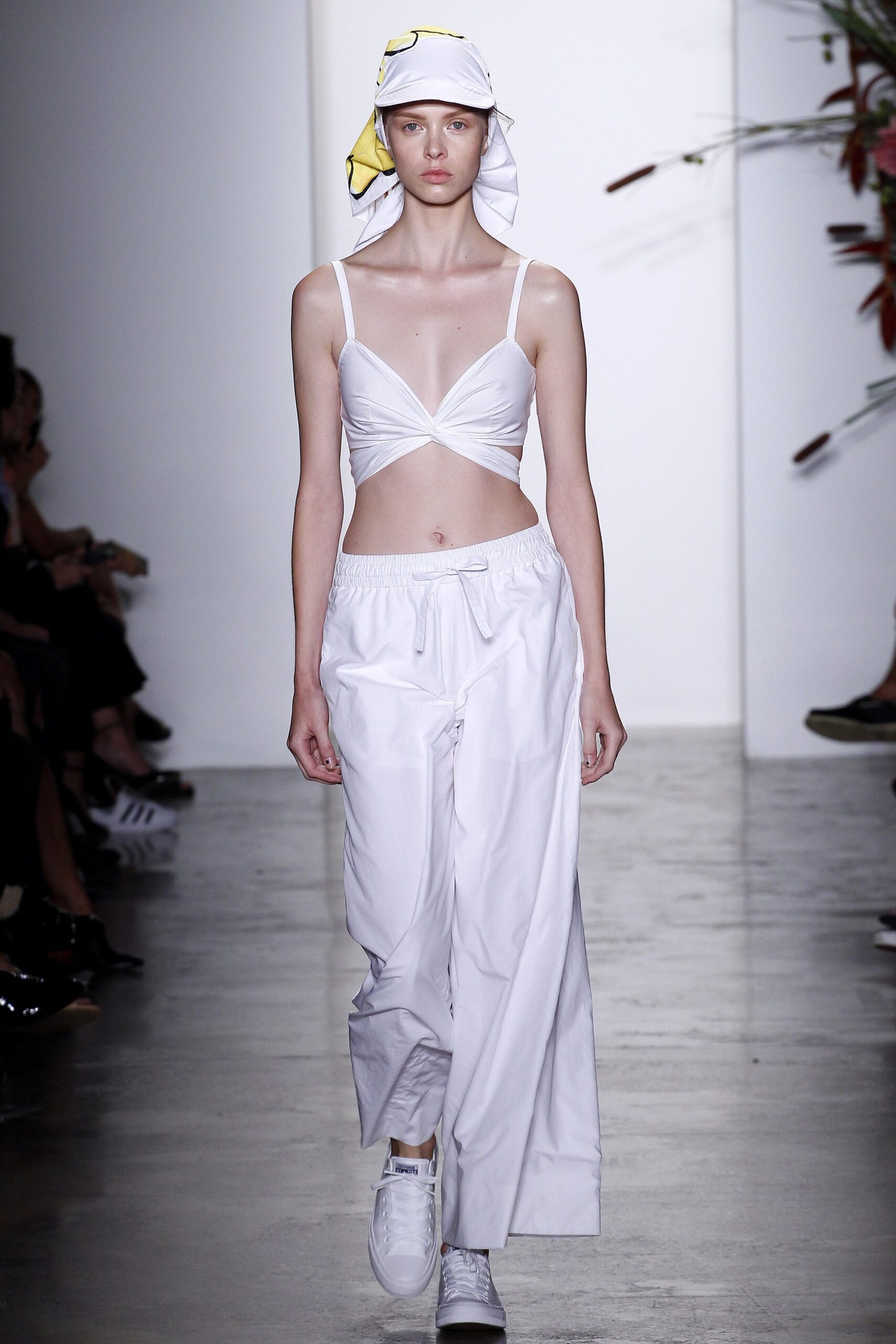 white fitted top and relaxed pants