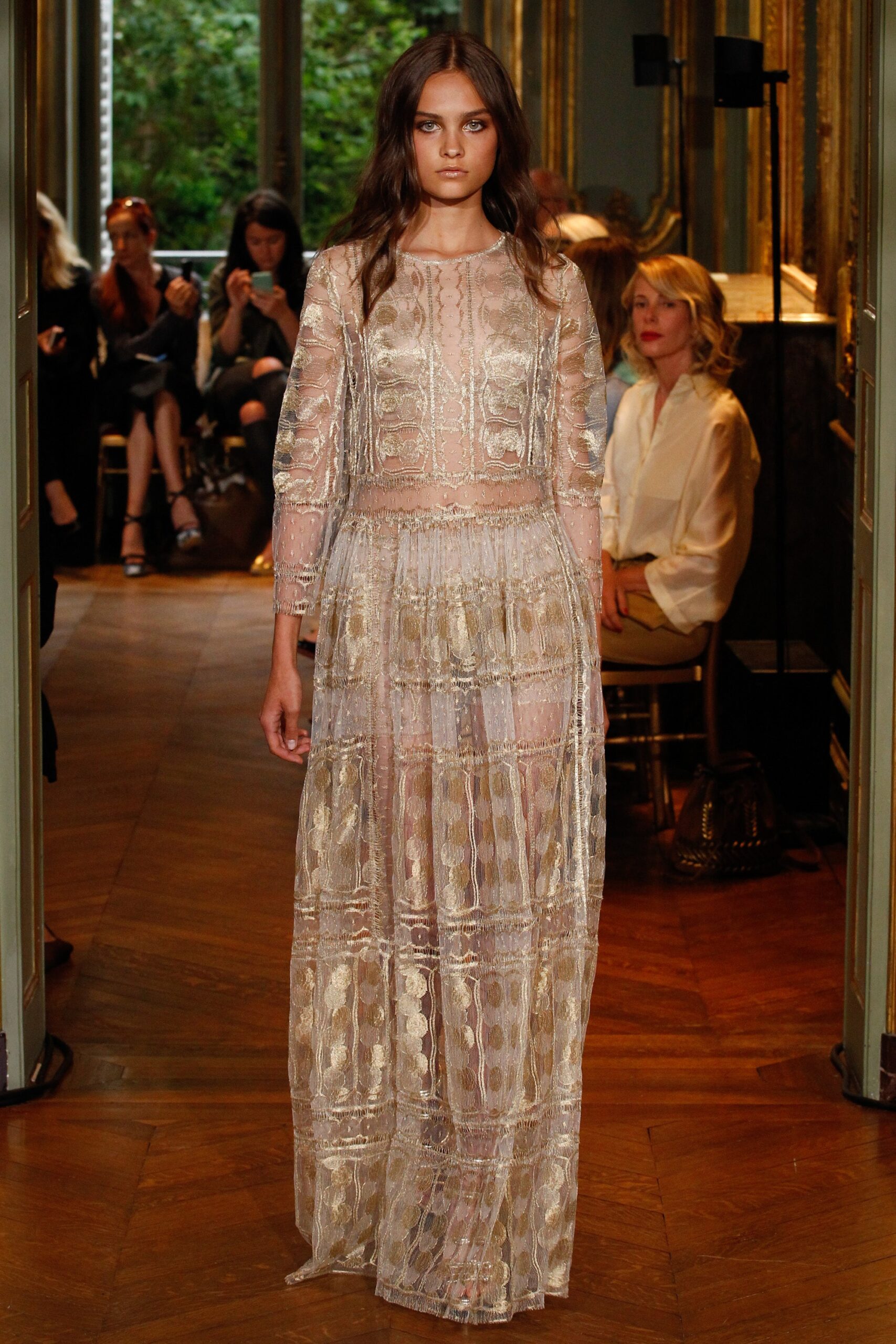 gold silk sheer long-sleeve gown