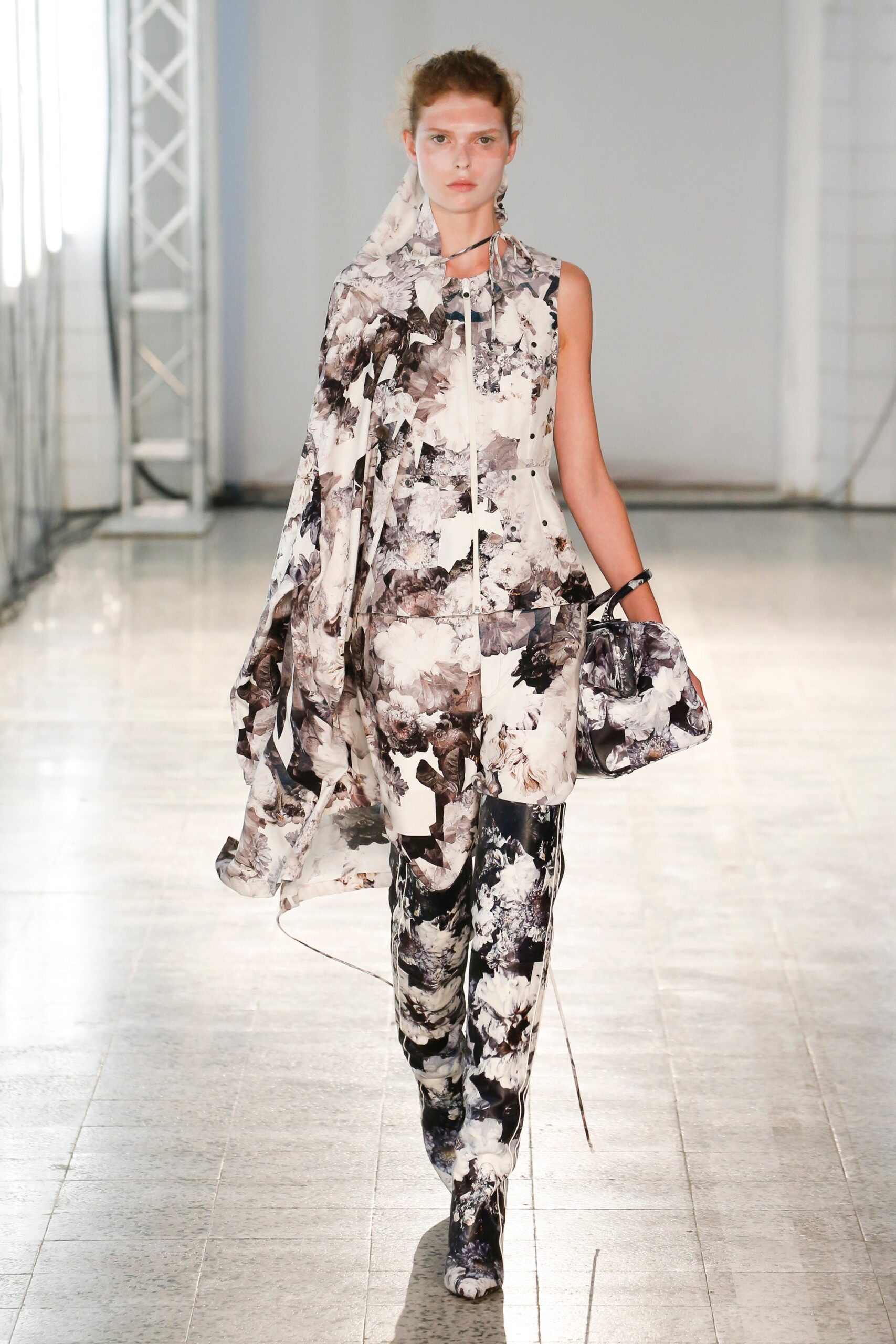 black and white printed jumpsuit with cape