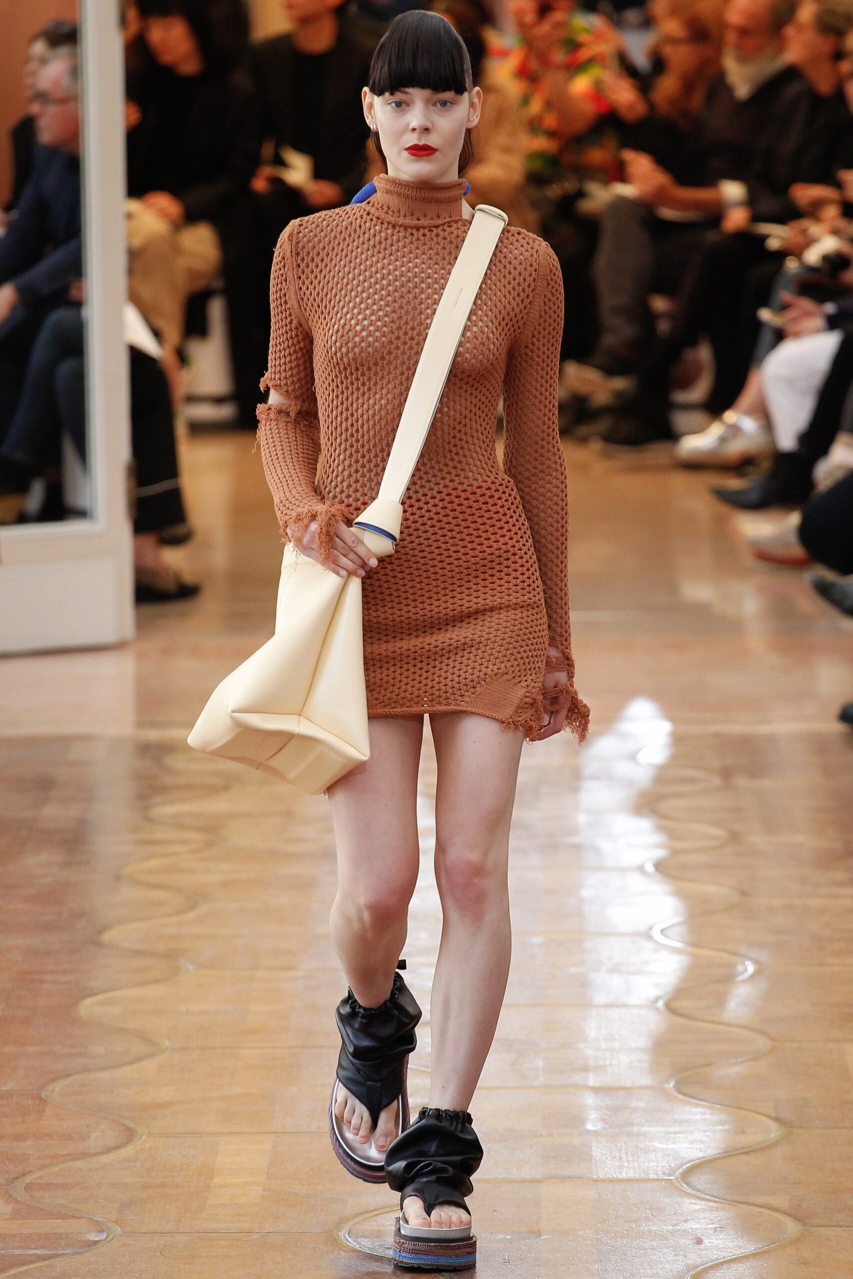 brown knit long-sleeve high-neck fitted ribbed fringed dress