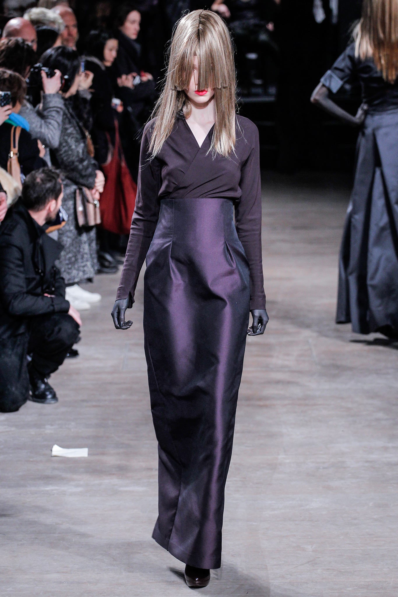 black purple silk fitted gown