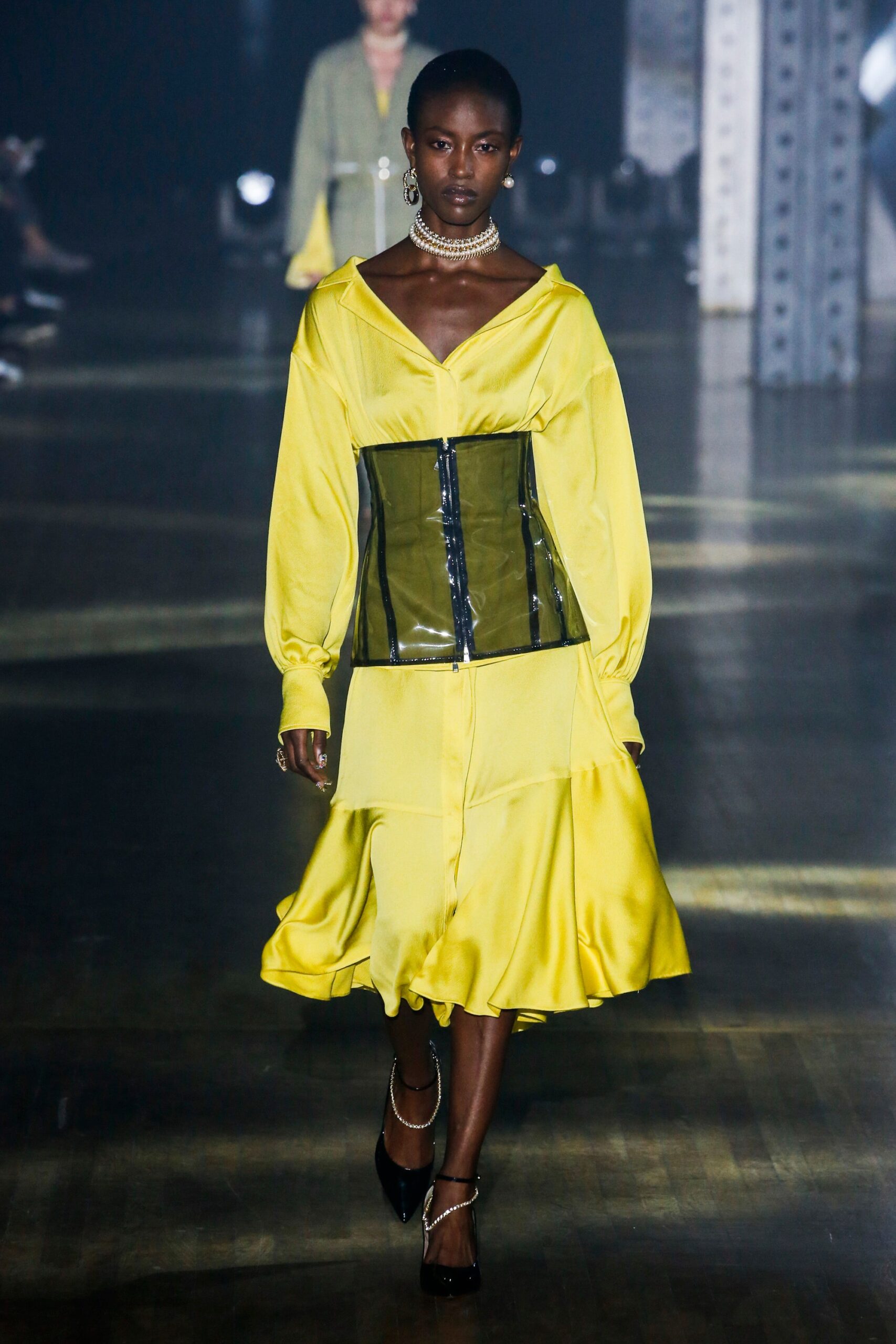 yellow midi dress with black corset