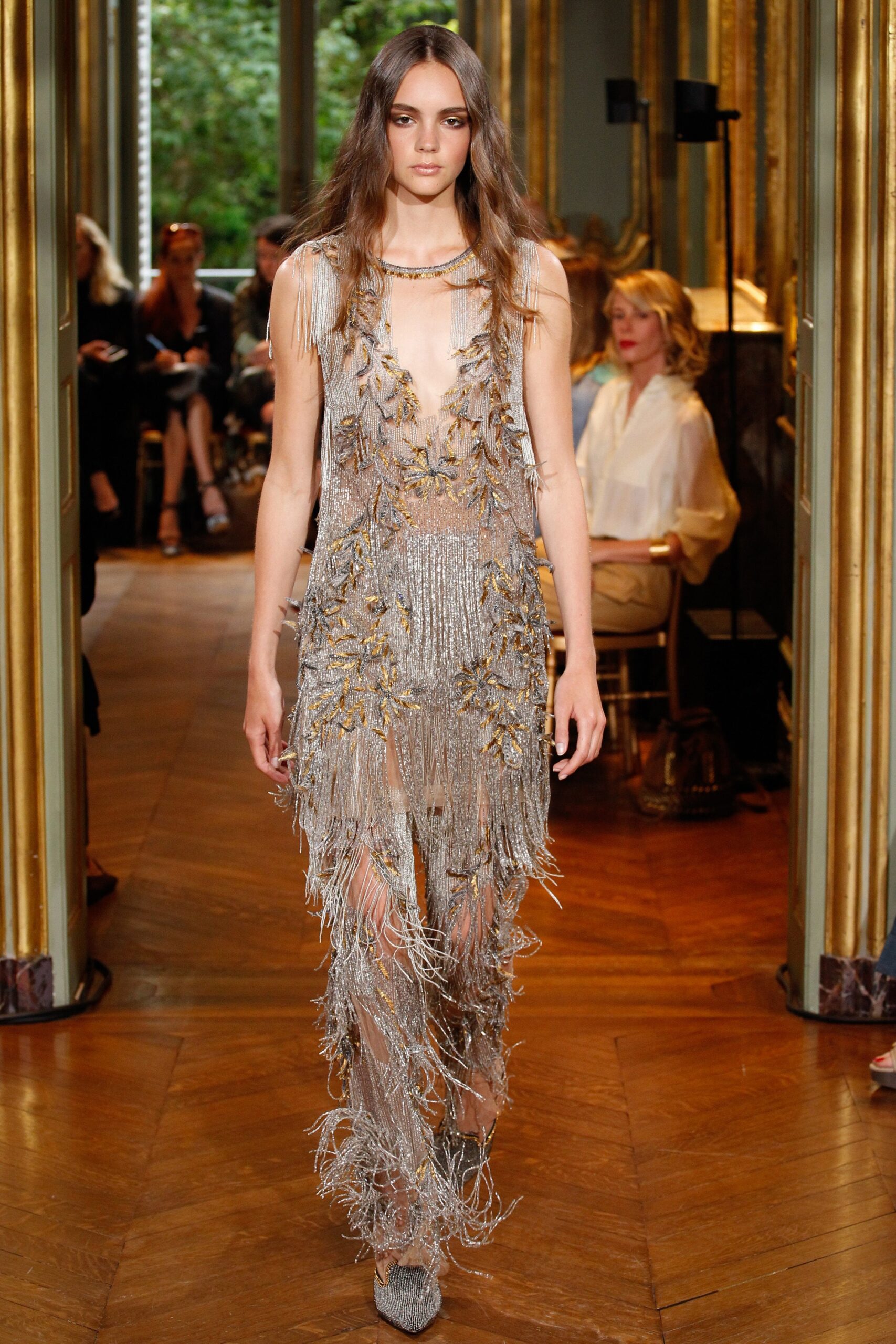 silver beaded fringed gown