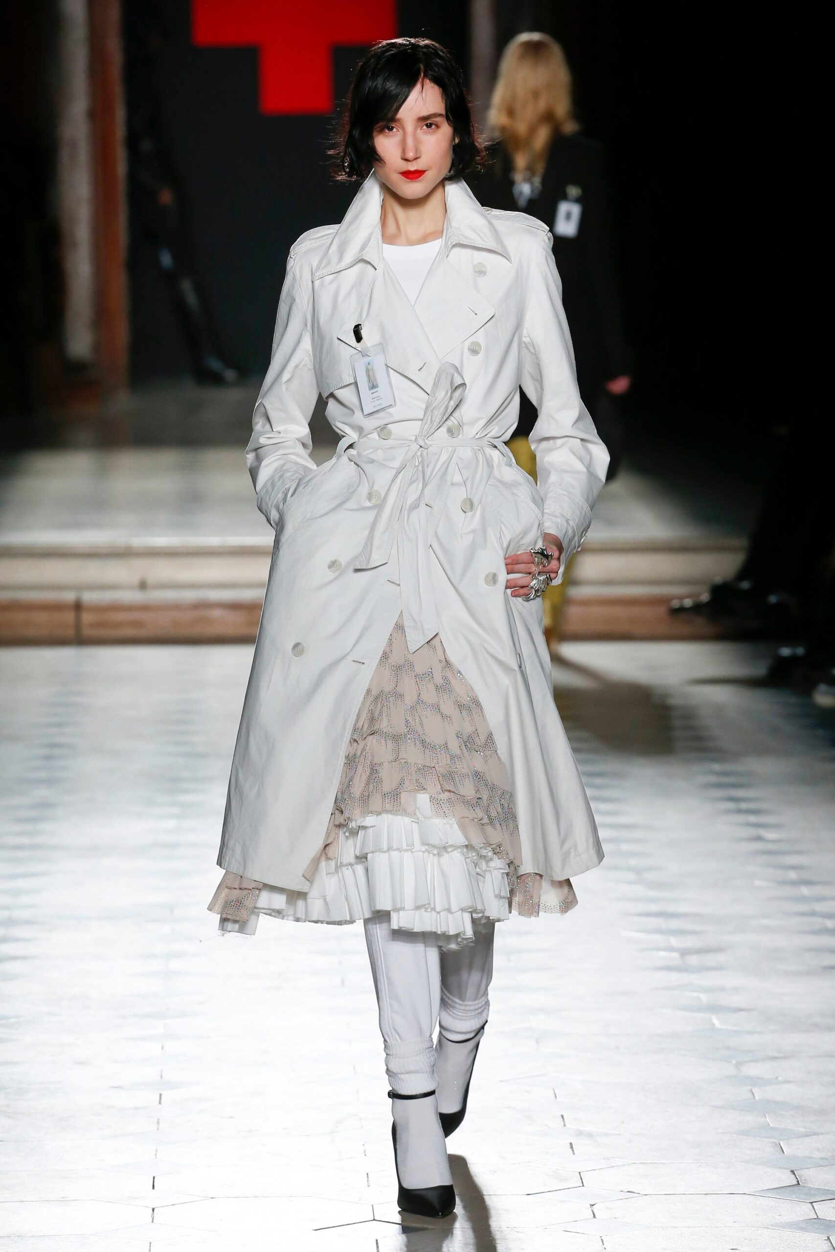 white trench coat and layered dress