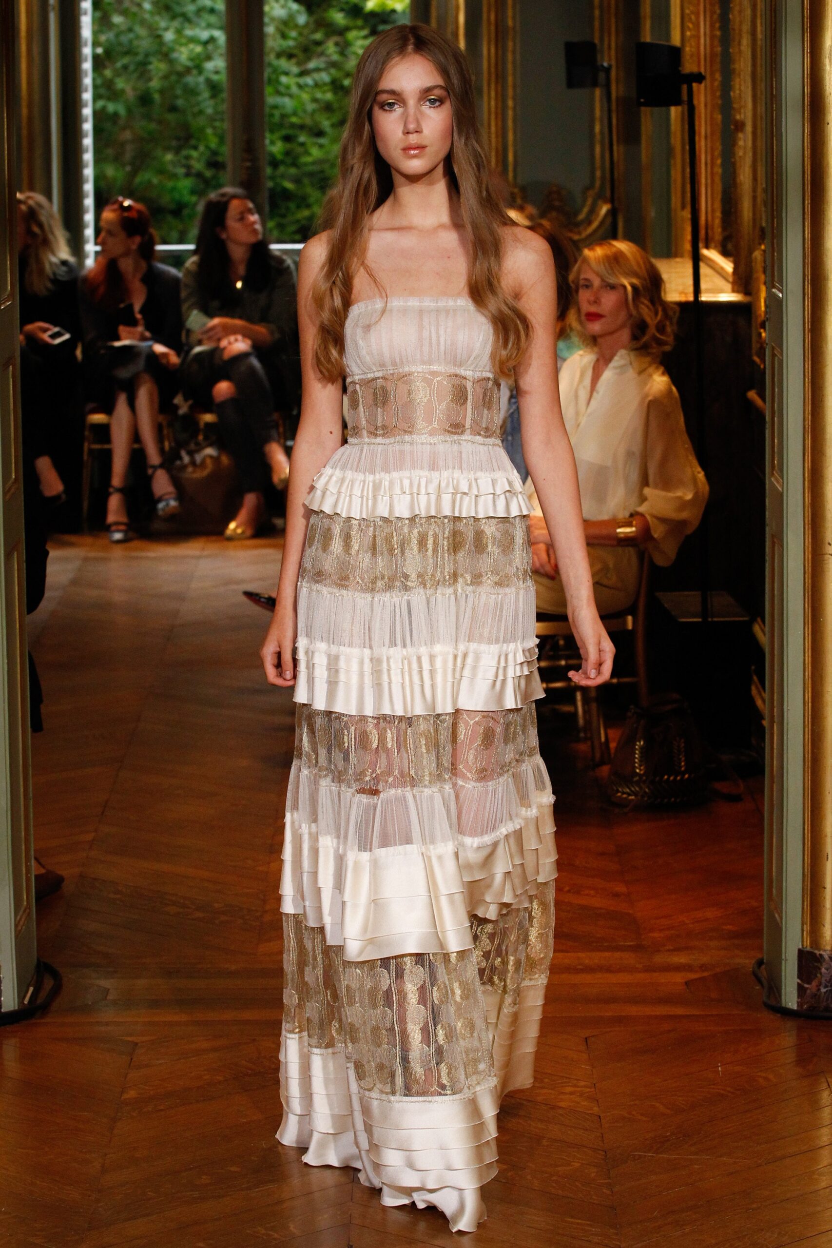 white and gold tiered gown