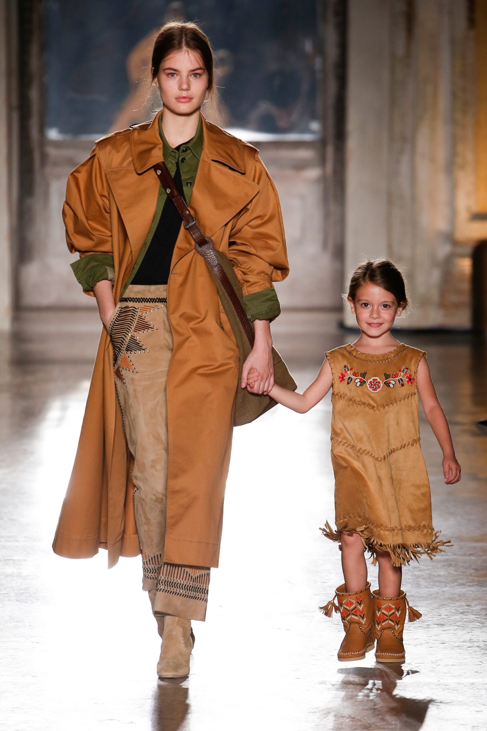 brown coat green shirt beige pants