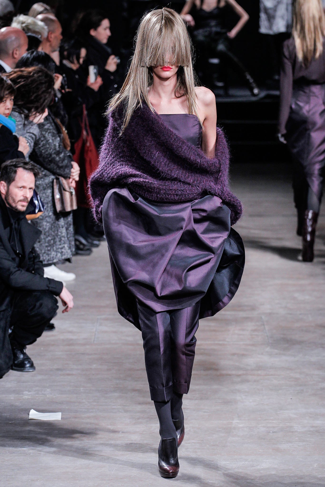 purple silk strapless asymmetric fitted draped midi dress