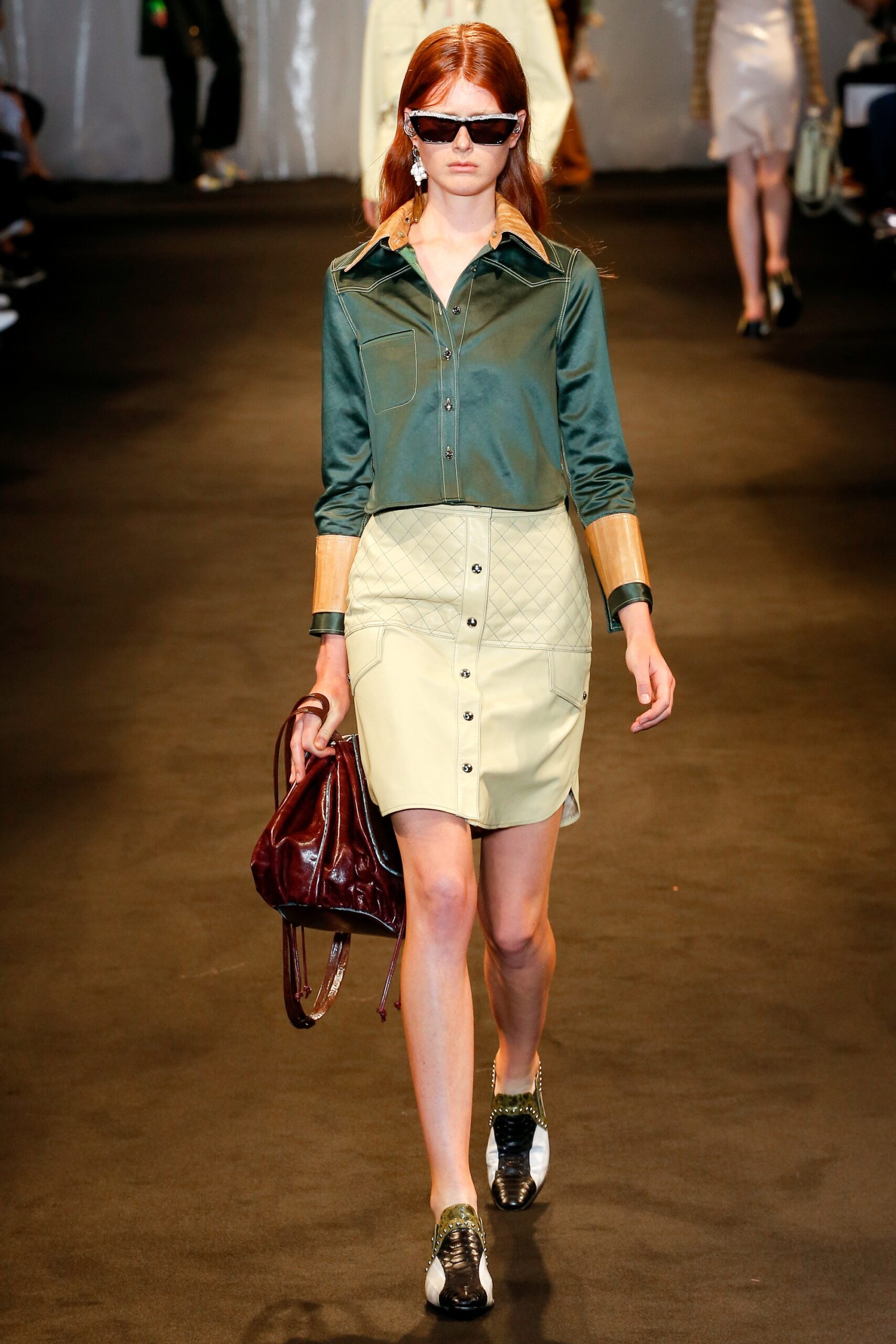 green silk long-sleeve collared fitted buttoned shirt