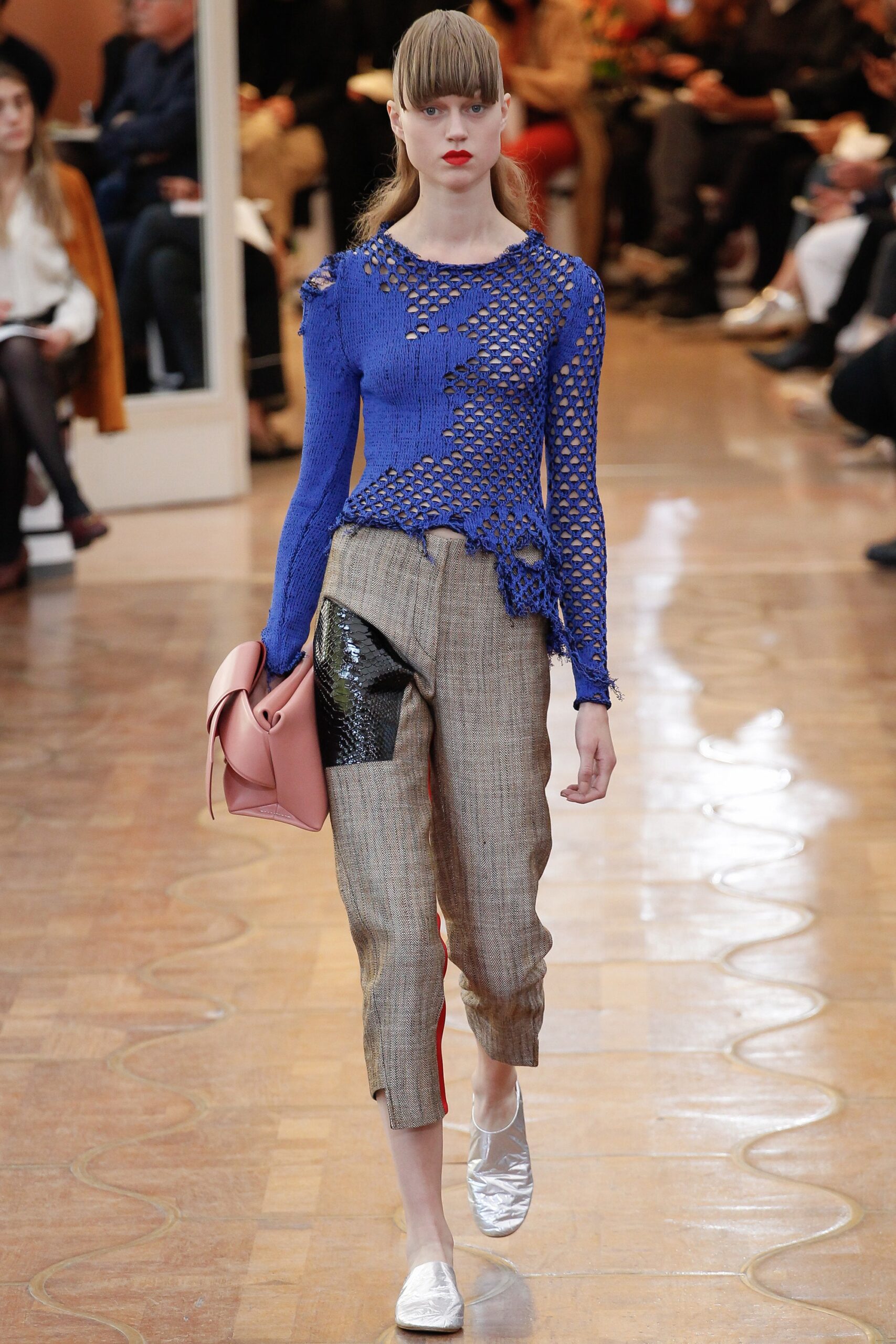 blue crochet top gray pants