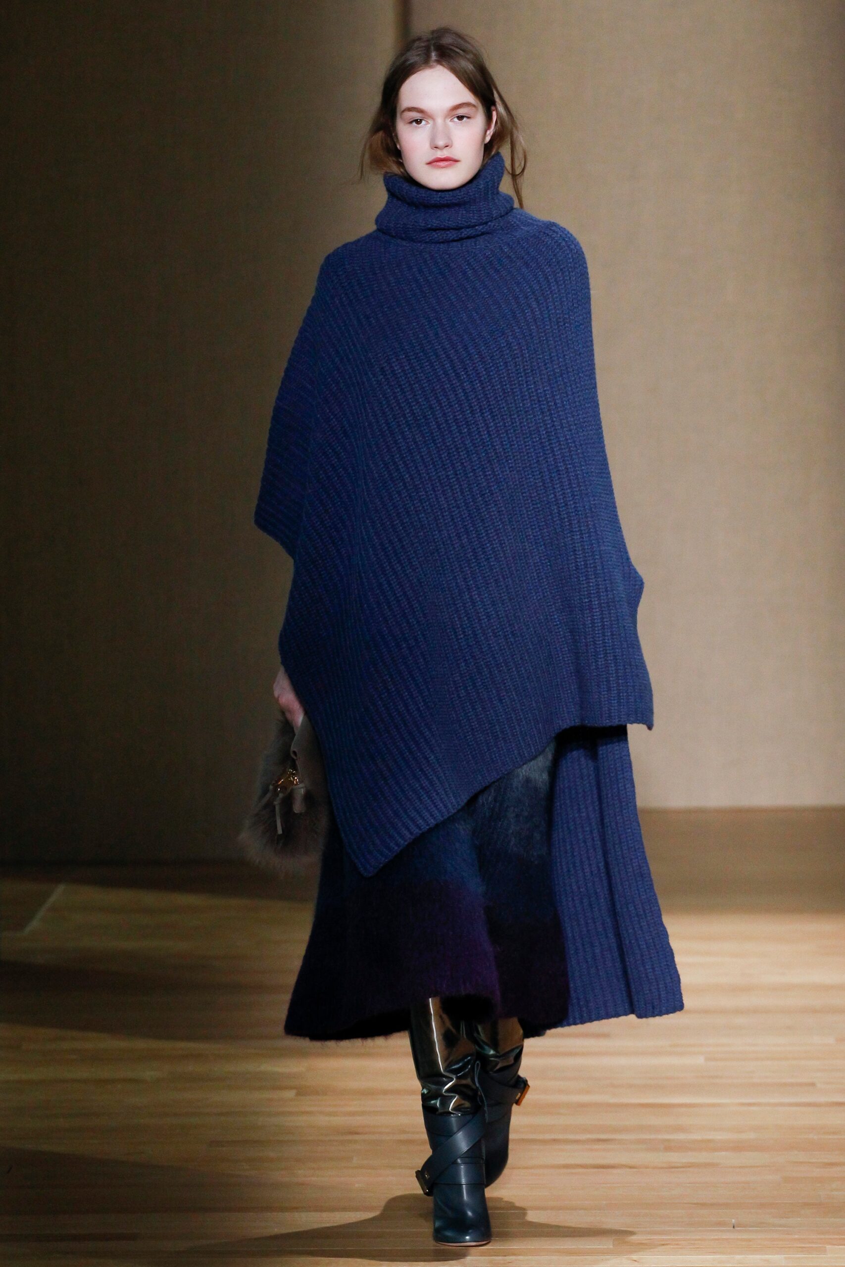 blue wool turtleneck relaxed layered poncho