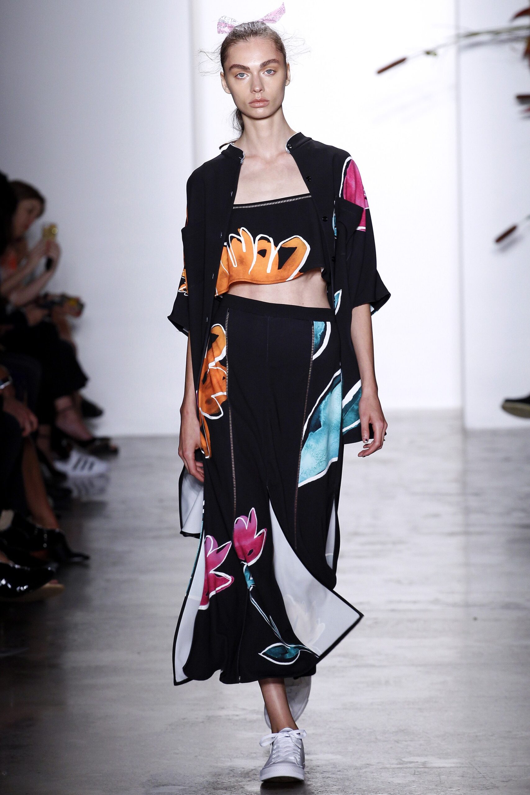 black multi-printed top and skirt