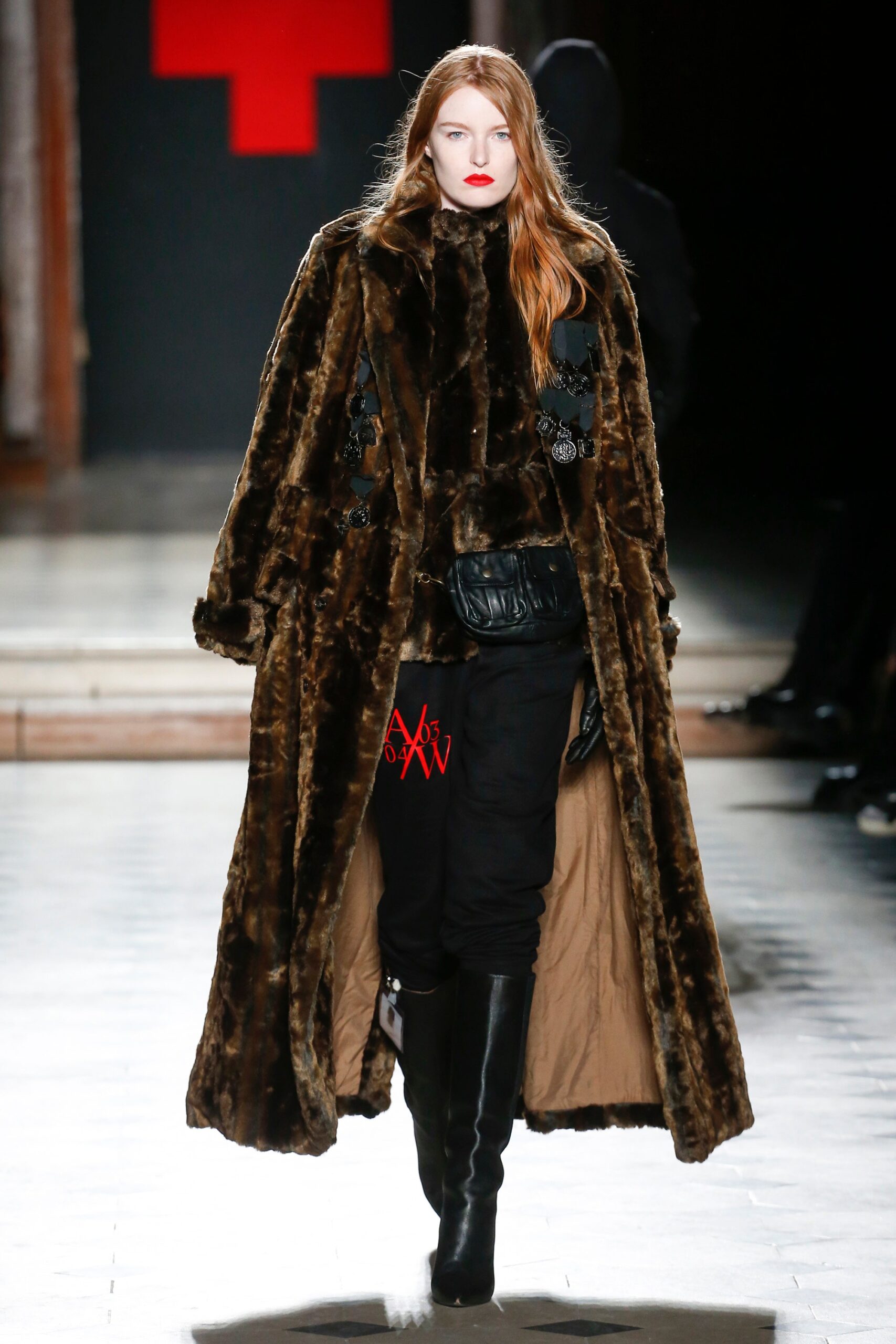 brown faux-fur long-sleeve relaxed draped coat