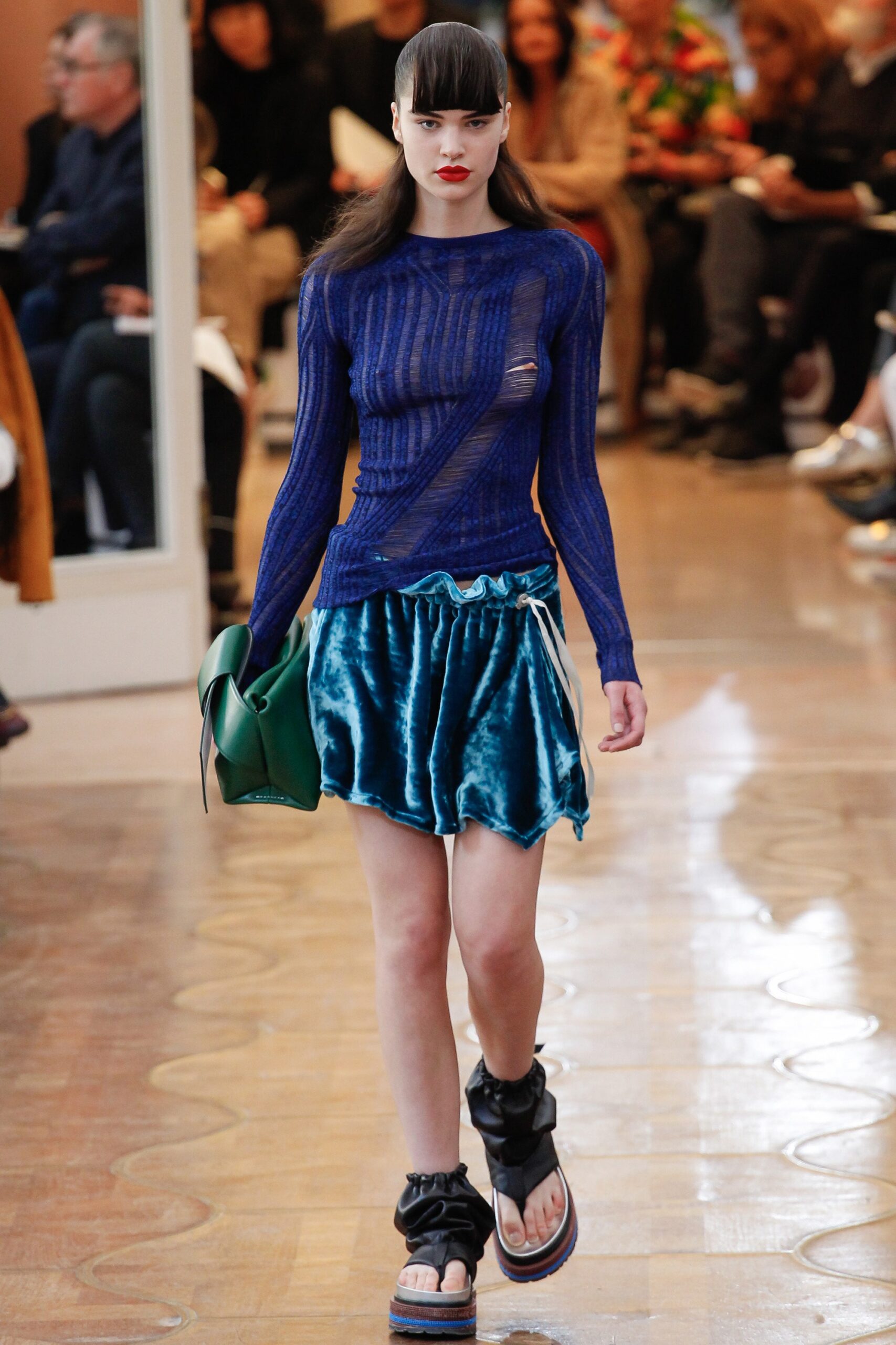 blue mesh long-sleeve v-neck fitted ruched top