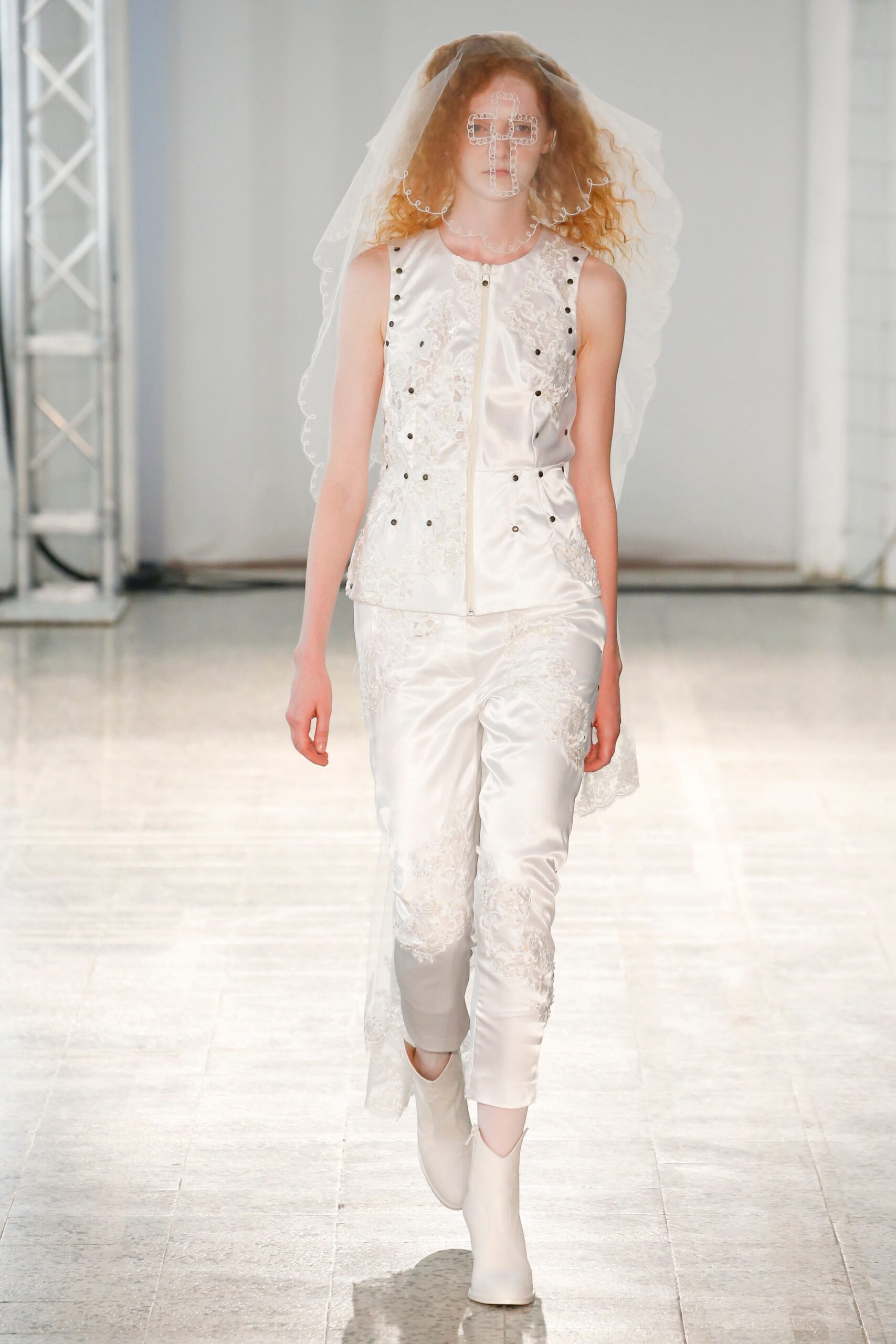 white silk fitted top and pants