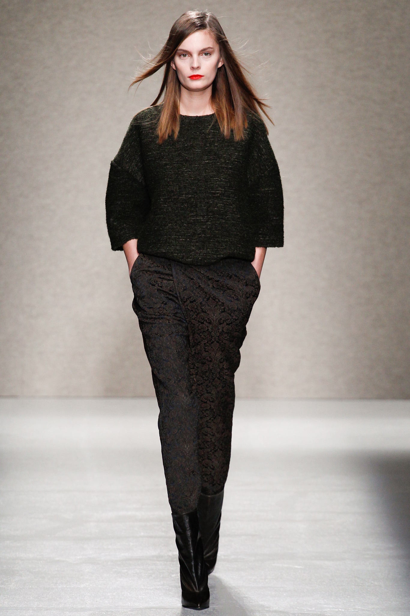 black wool long-sleeve collared relaxed textured top