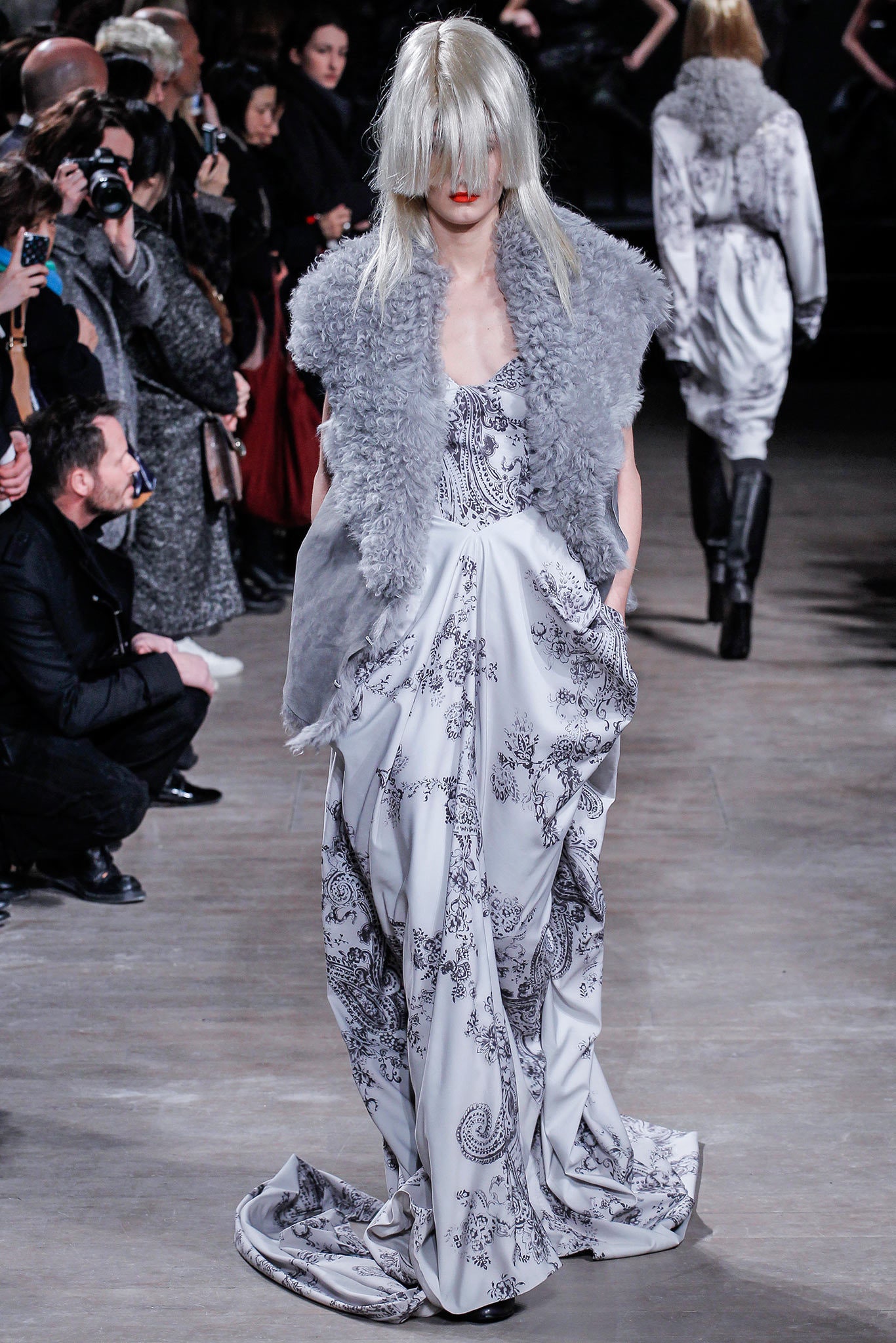 gray silk sleeveless v-neck fitted printed flowing gown