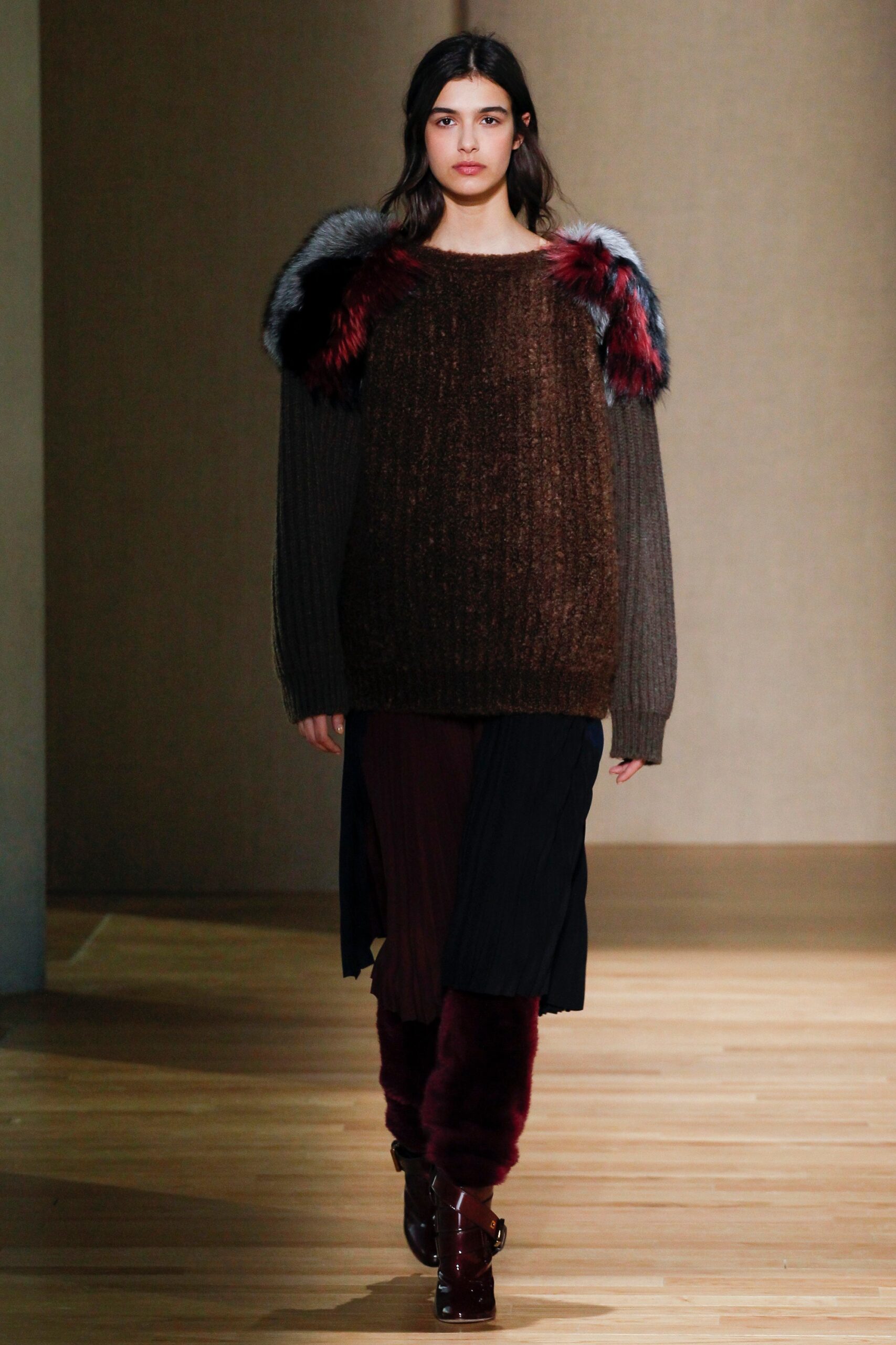 brown wool long-sleeve collared relaxed layered sweater
