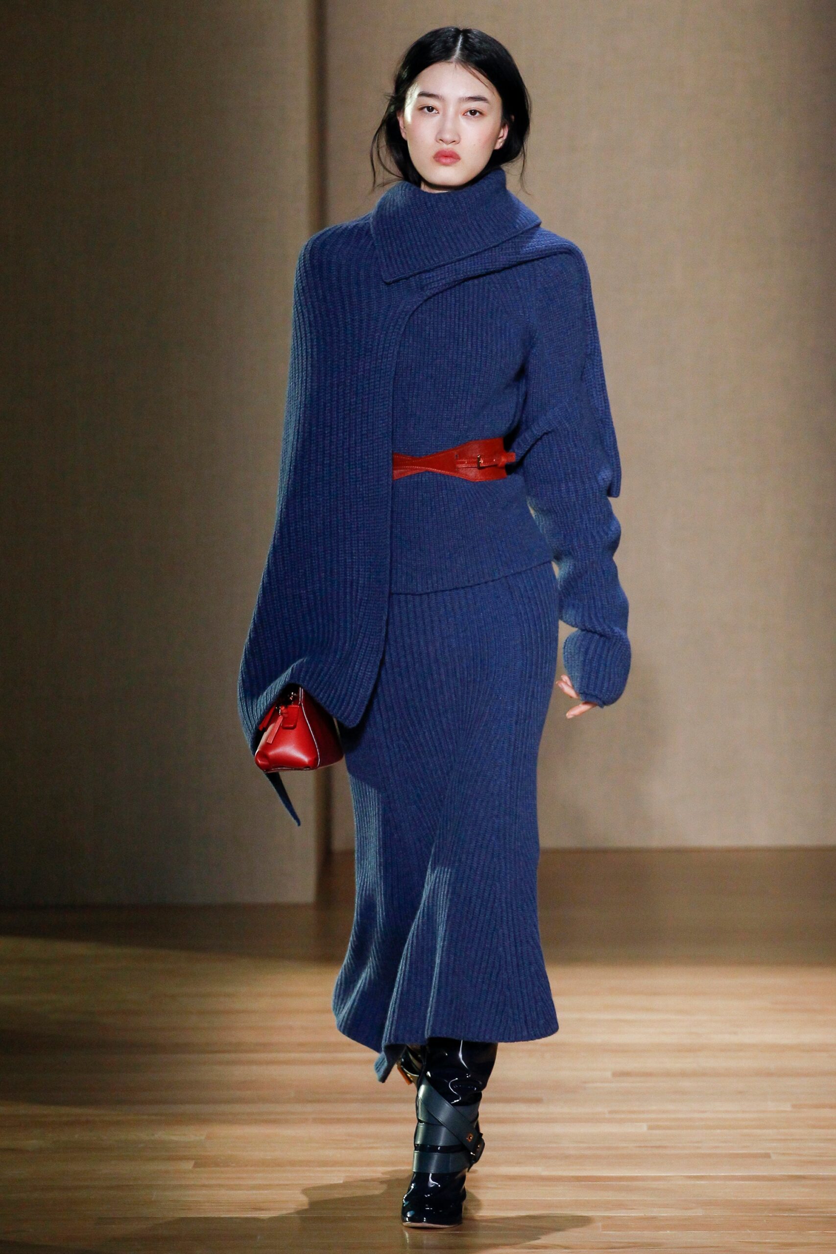 blue knit long-sleeve high-neck fitted belted midi dress
