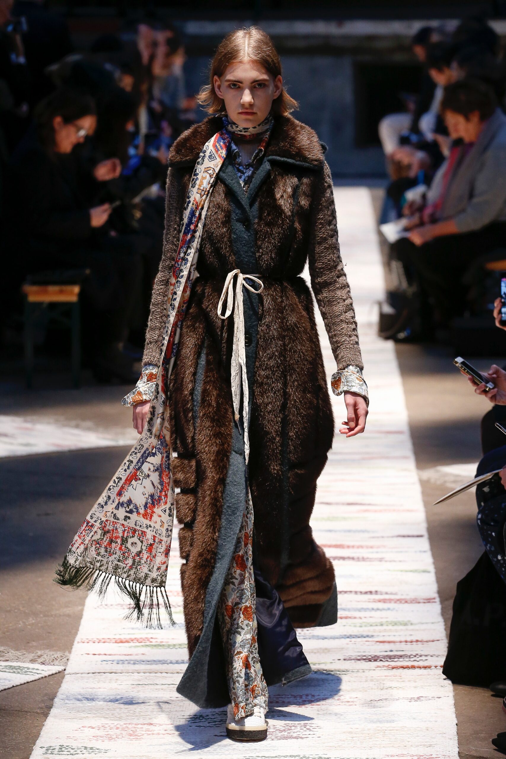 brown fur coat with blue dress