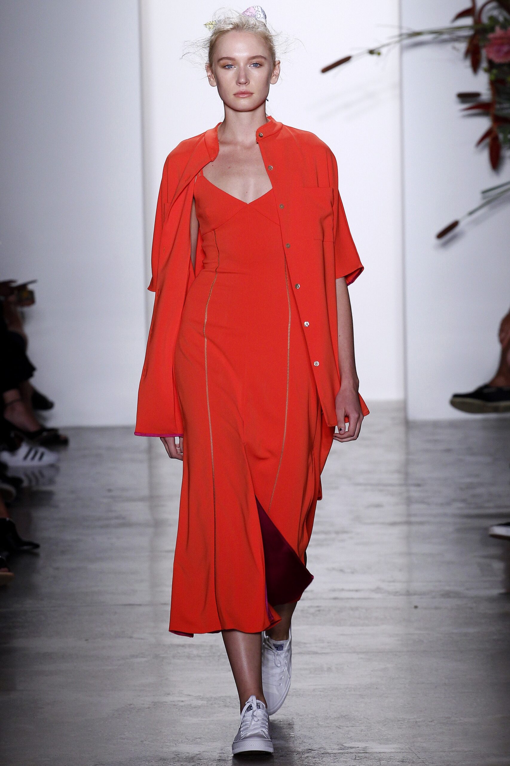 red midi dress with relaxed jacket