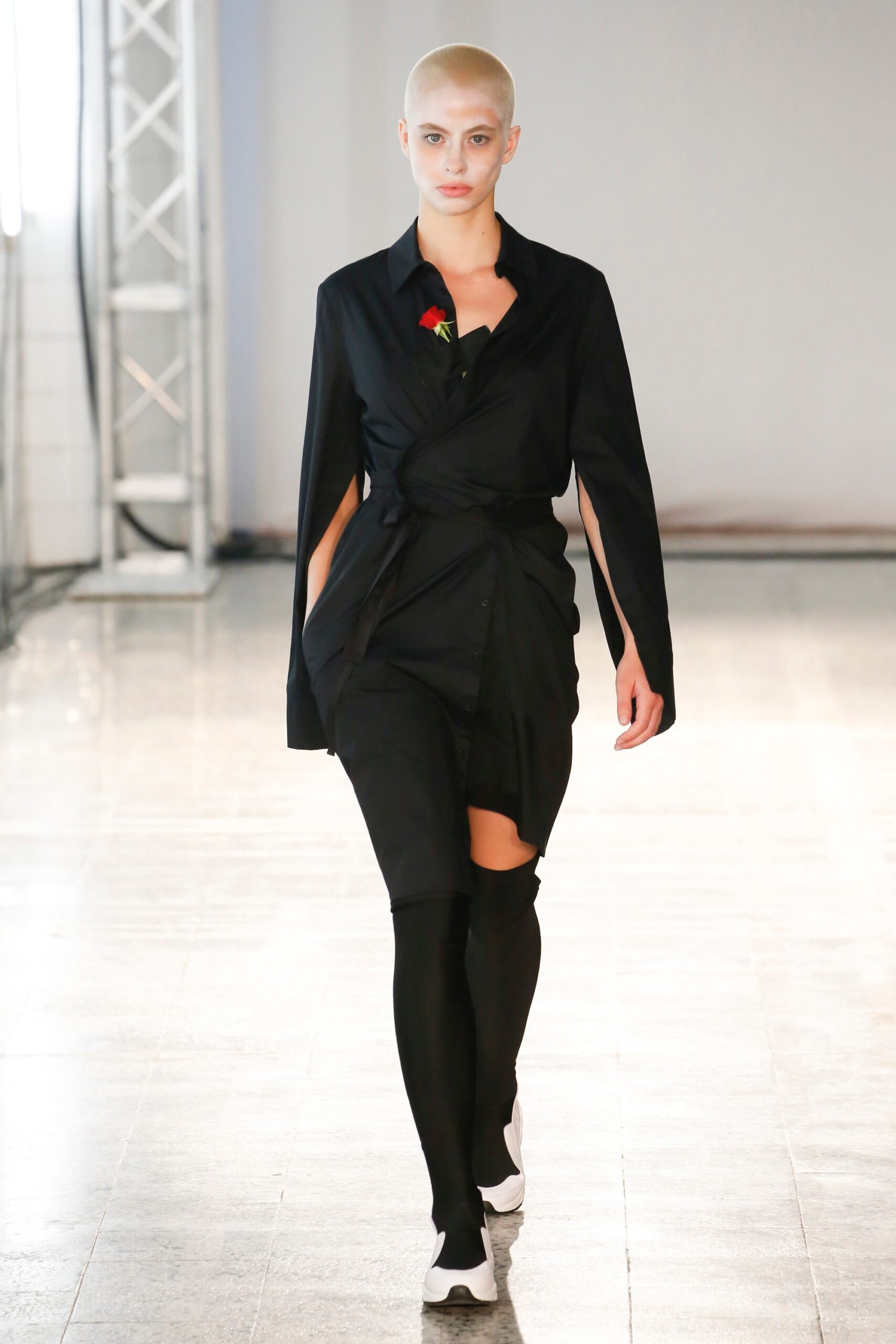 black cotton long-sleeve collared fitted buttoned mini dress