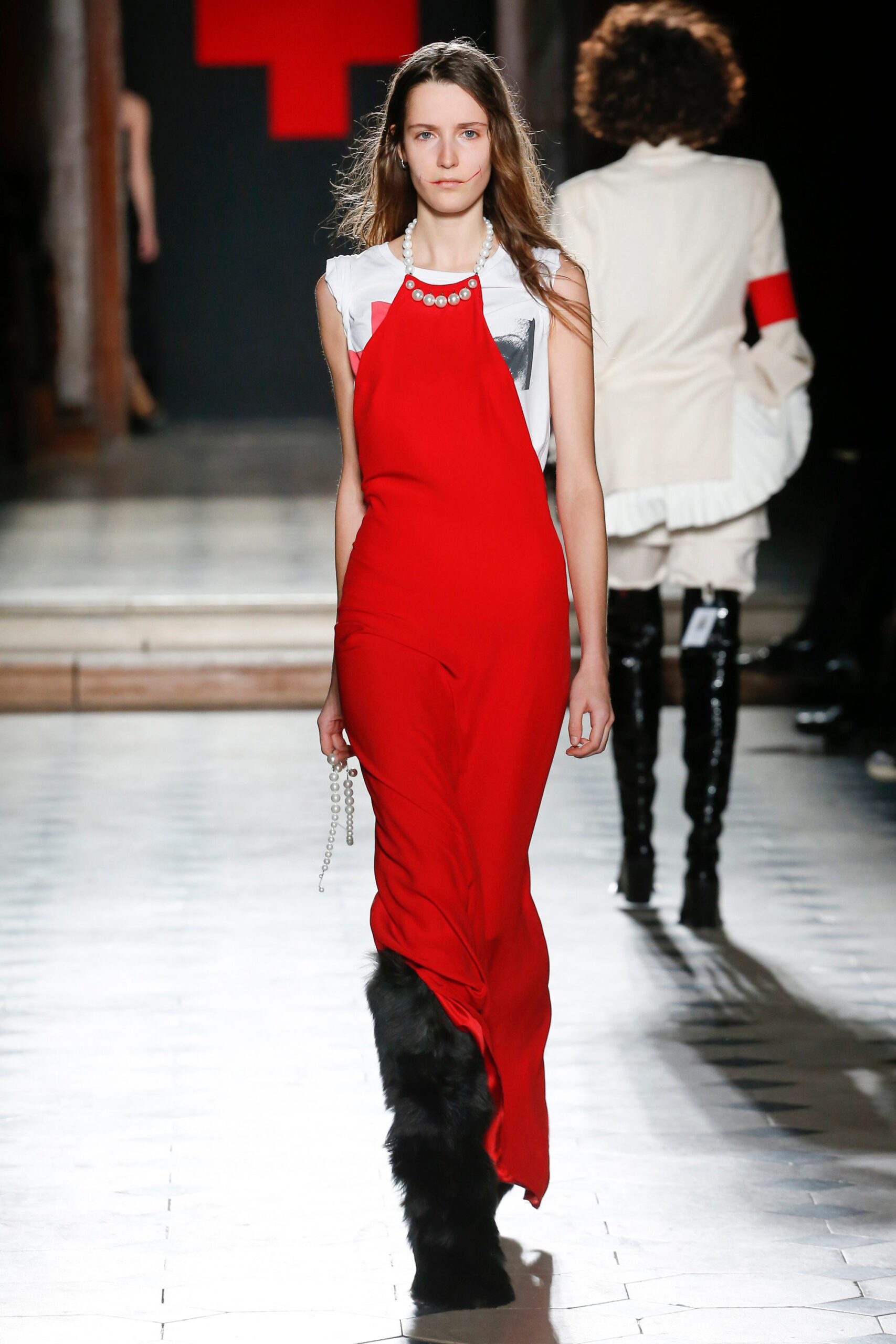 red silk sleeveless high-neck fitted straight-leg midi dress