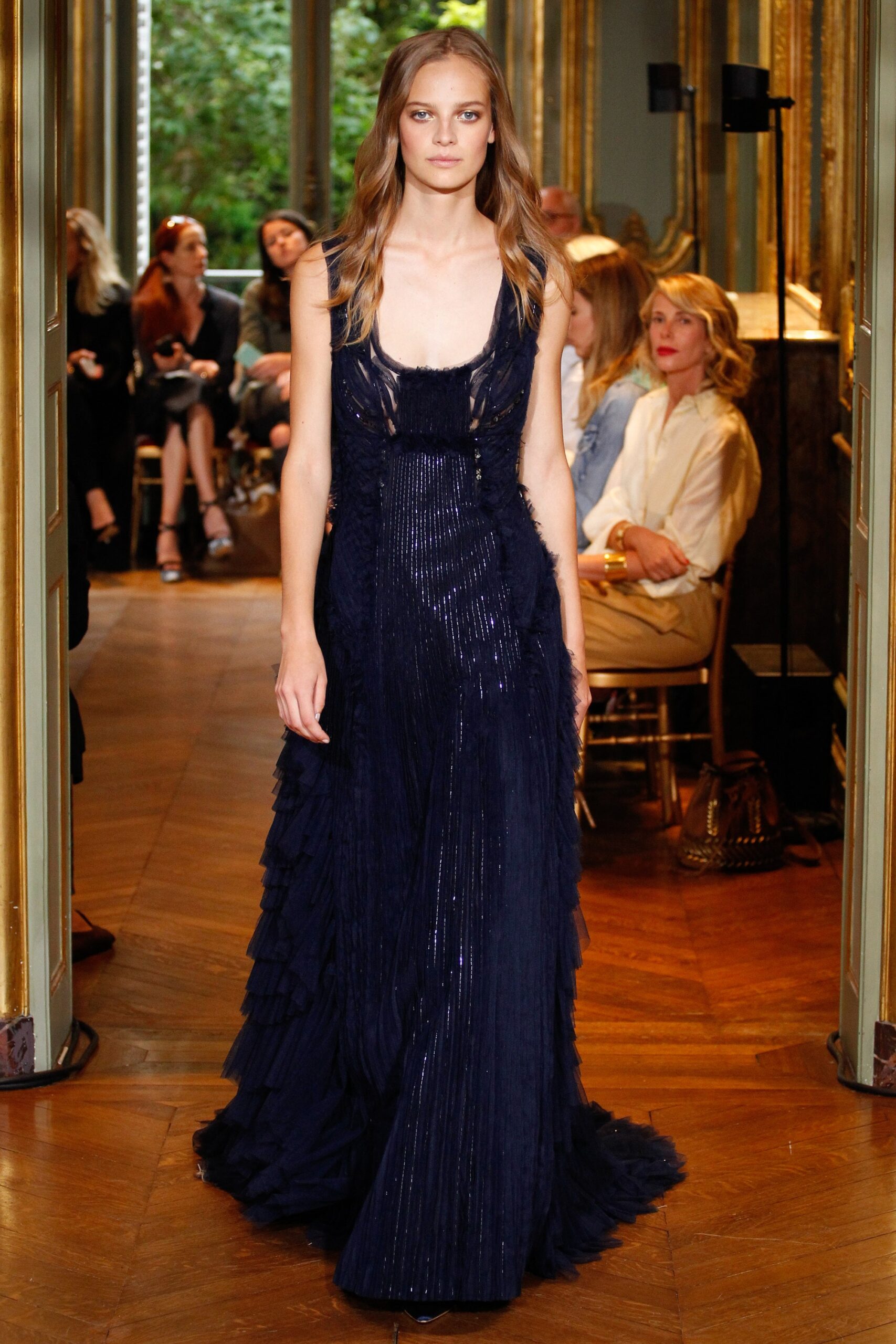 blue silk sleeveless gown