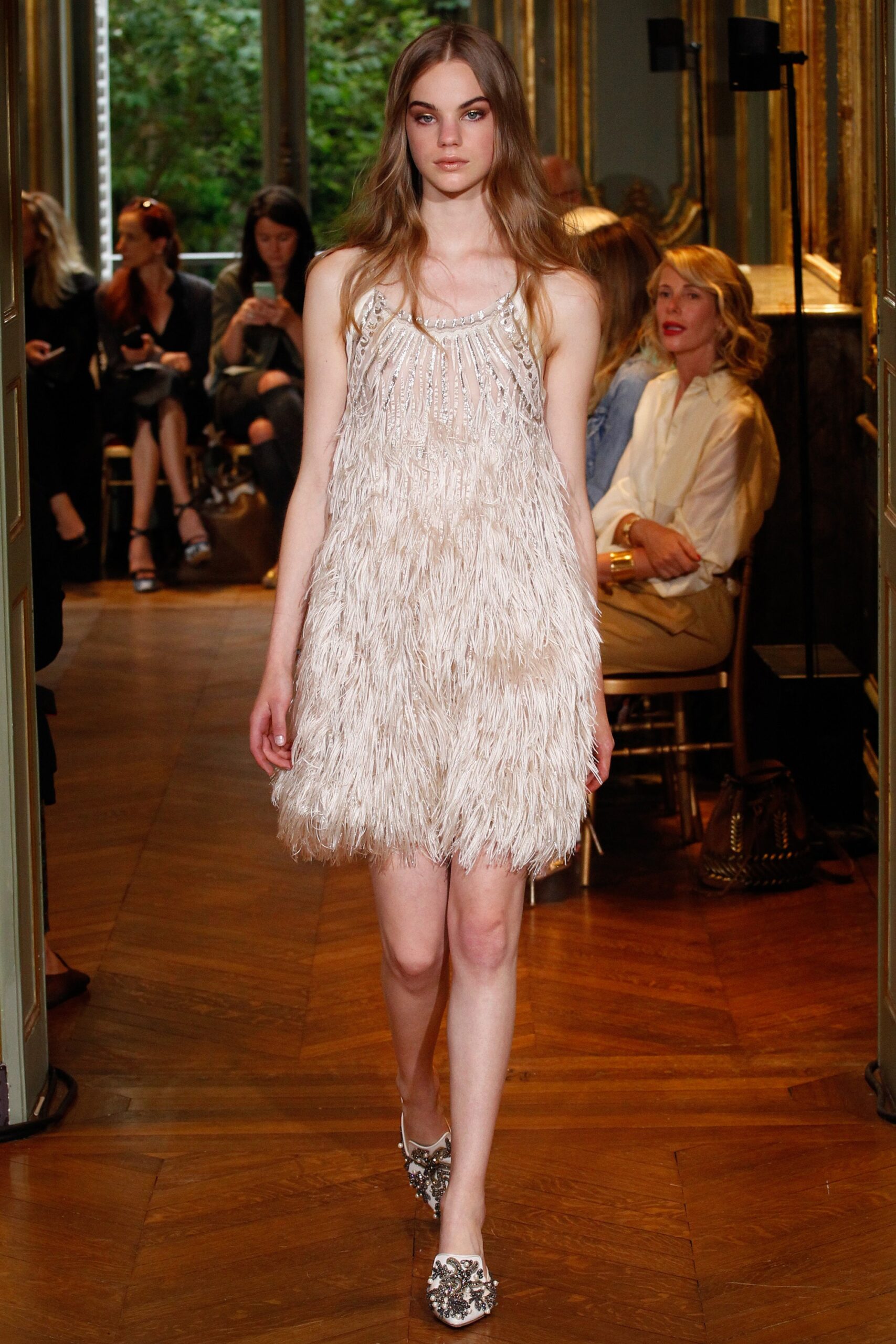 beige silk sleeveless fringed dress