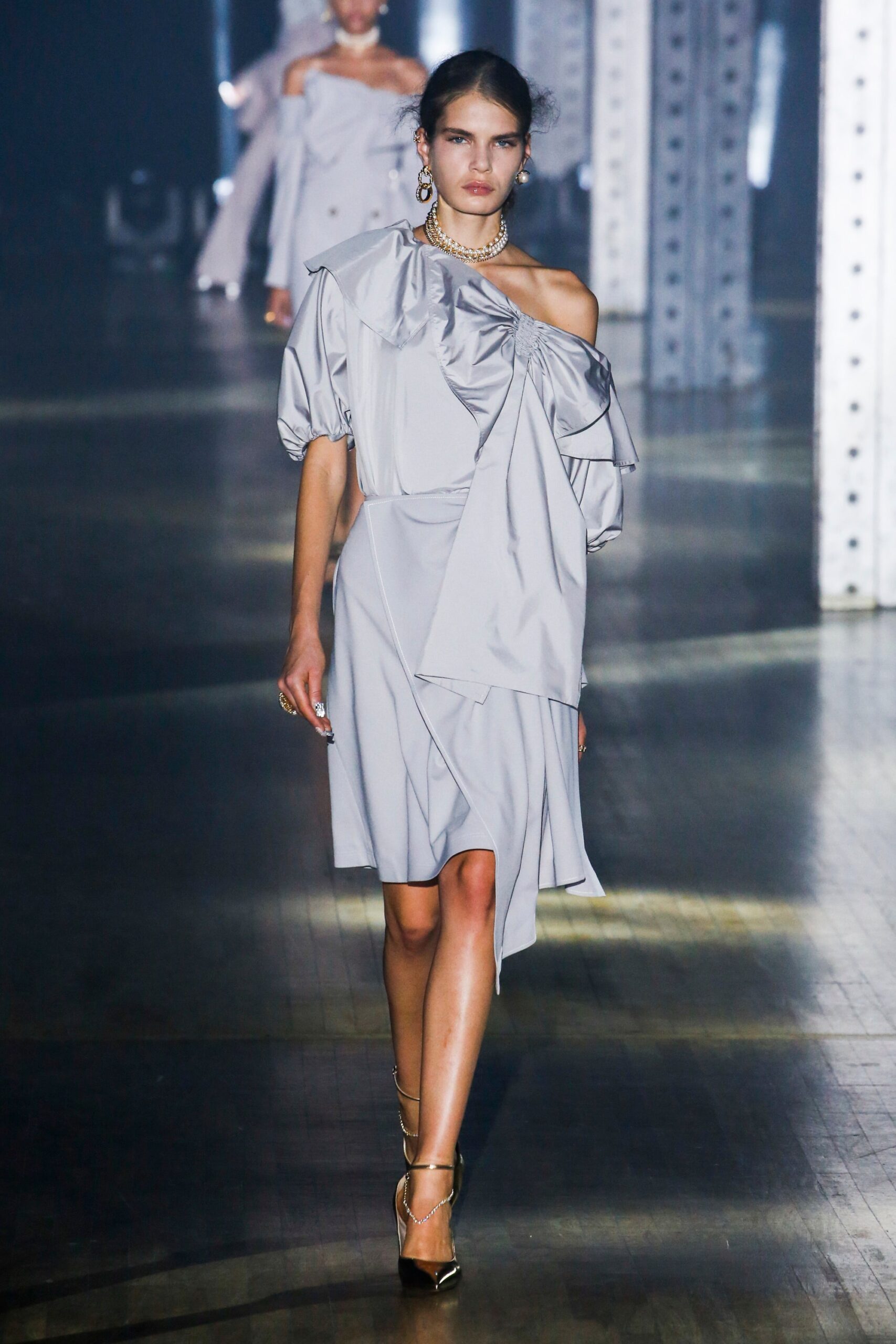 gray silk relaxed one-shoulder dress