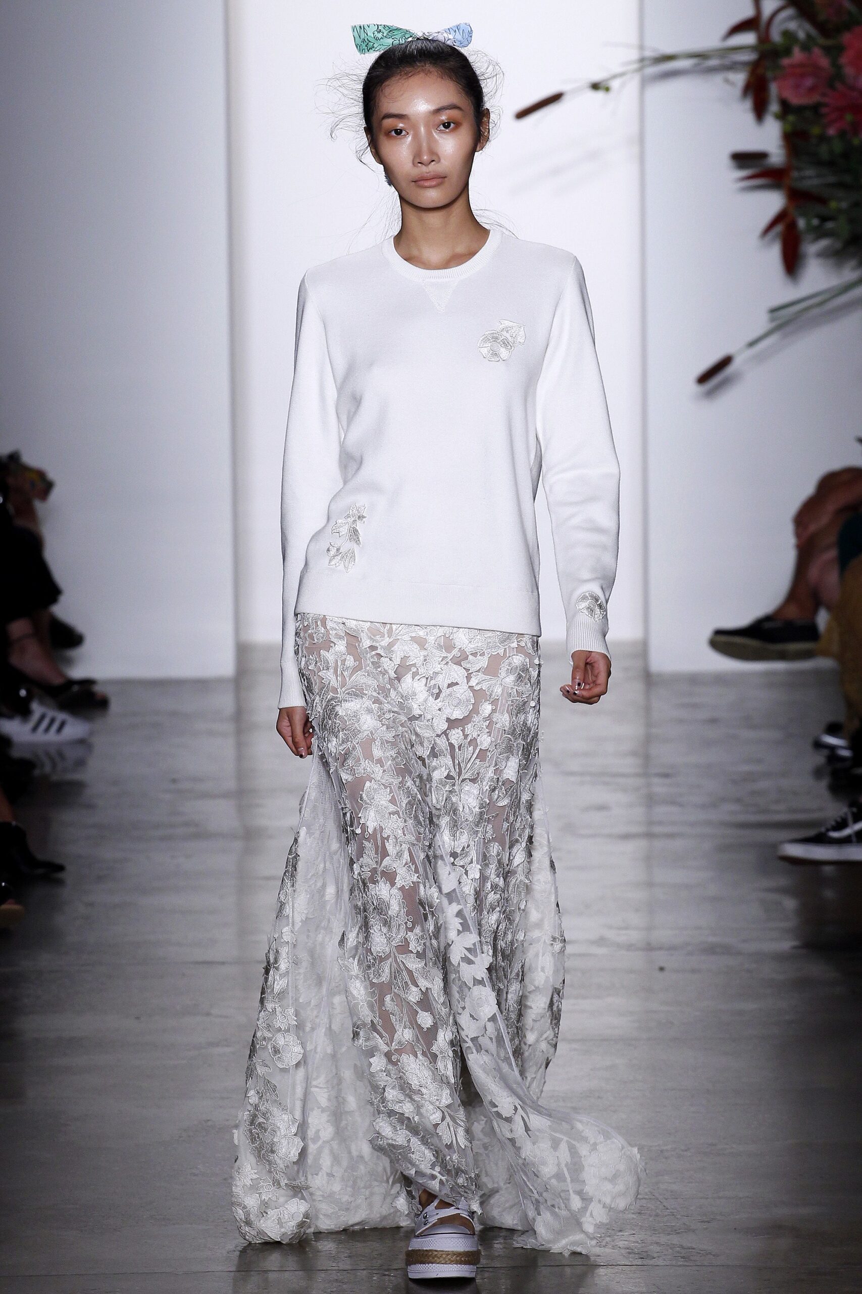 white lace fitted high-waisted tiered sheer maxi skirt