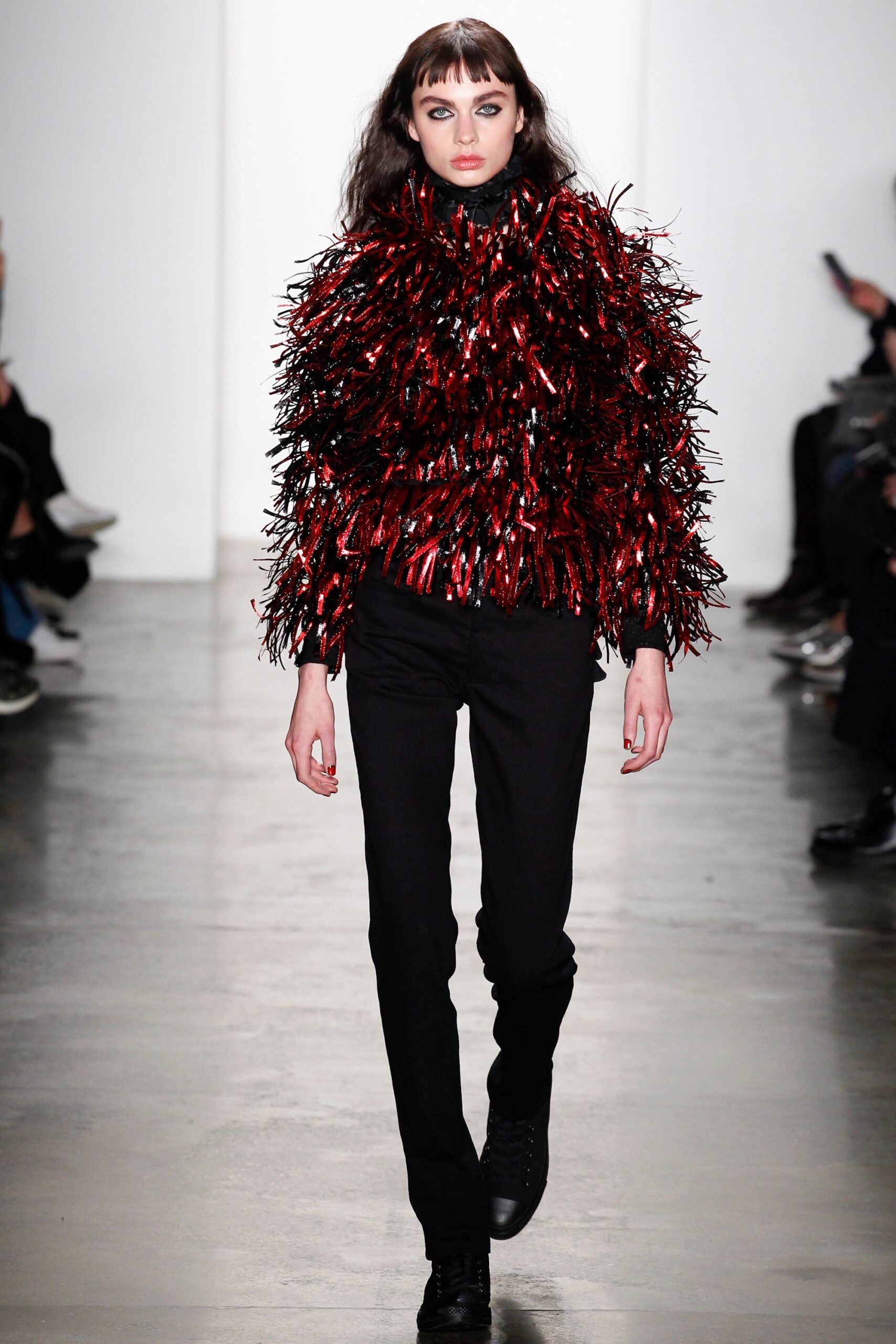 red faux-fur long-sleeve collared fitted fringed shiny jacket