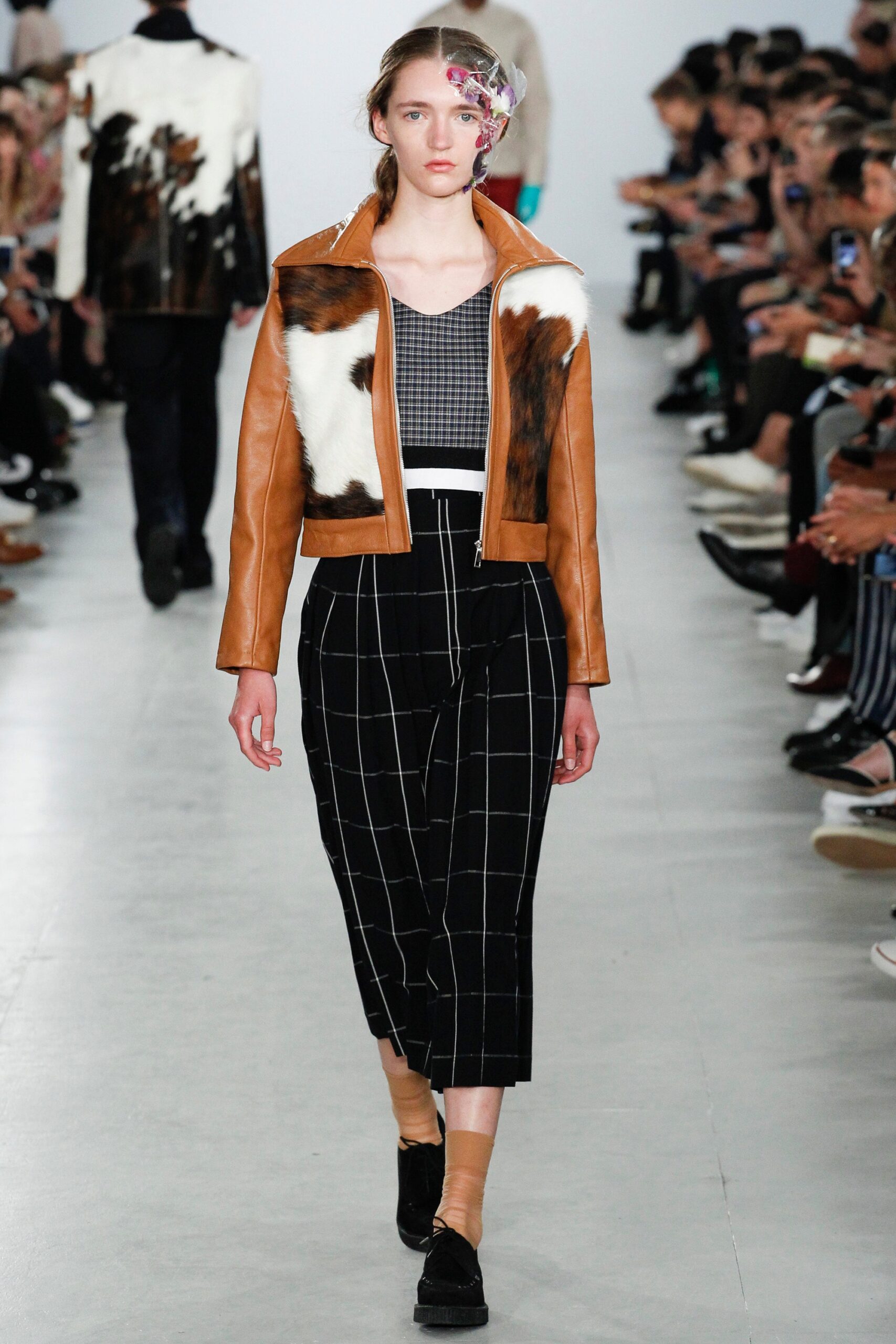 brown leather jacket with checked top