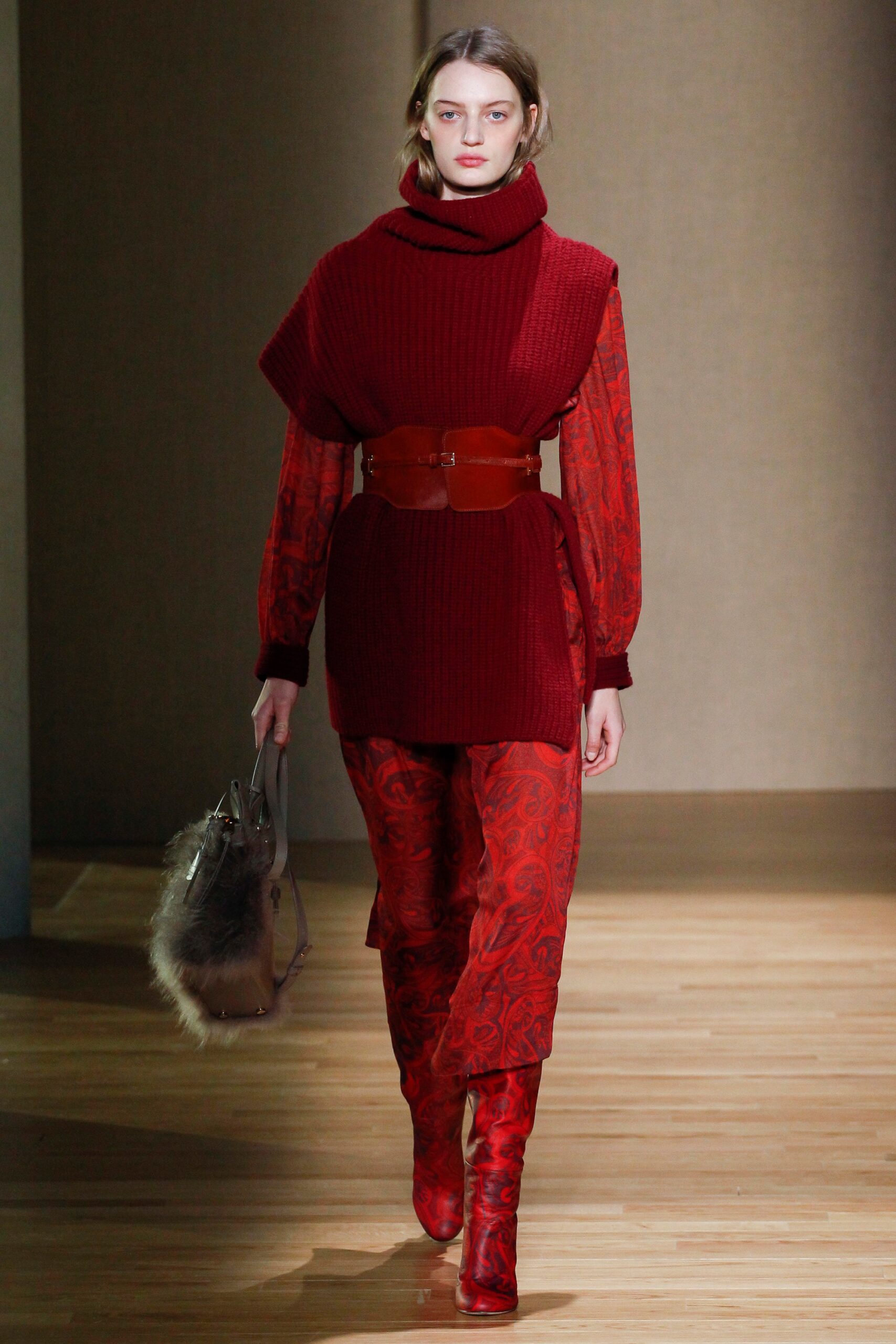 red wool long-sleeve turtleneck fitted ribbed top