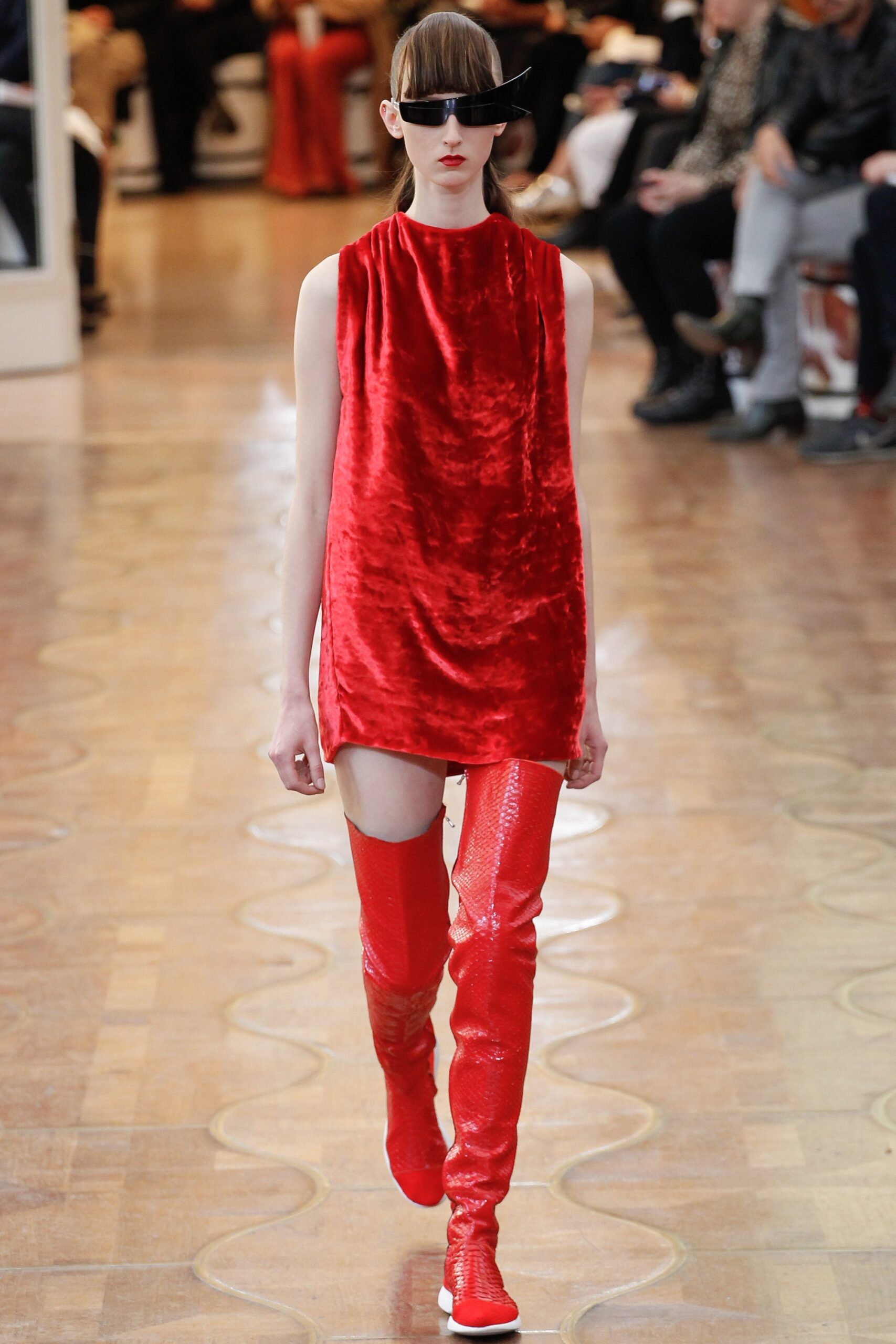 red velvet sleeveless high-neck fitted straight-leg shiny dress