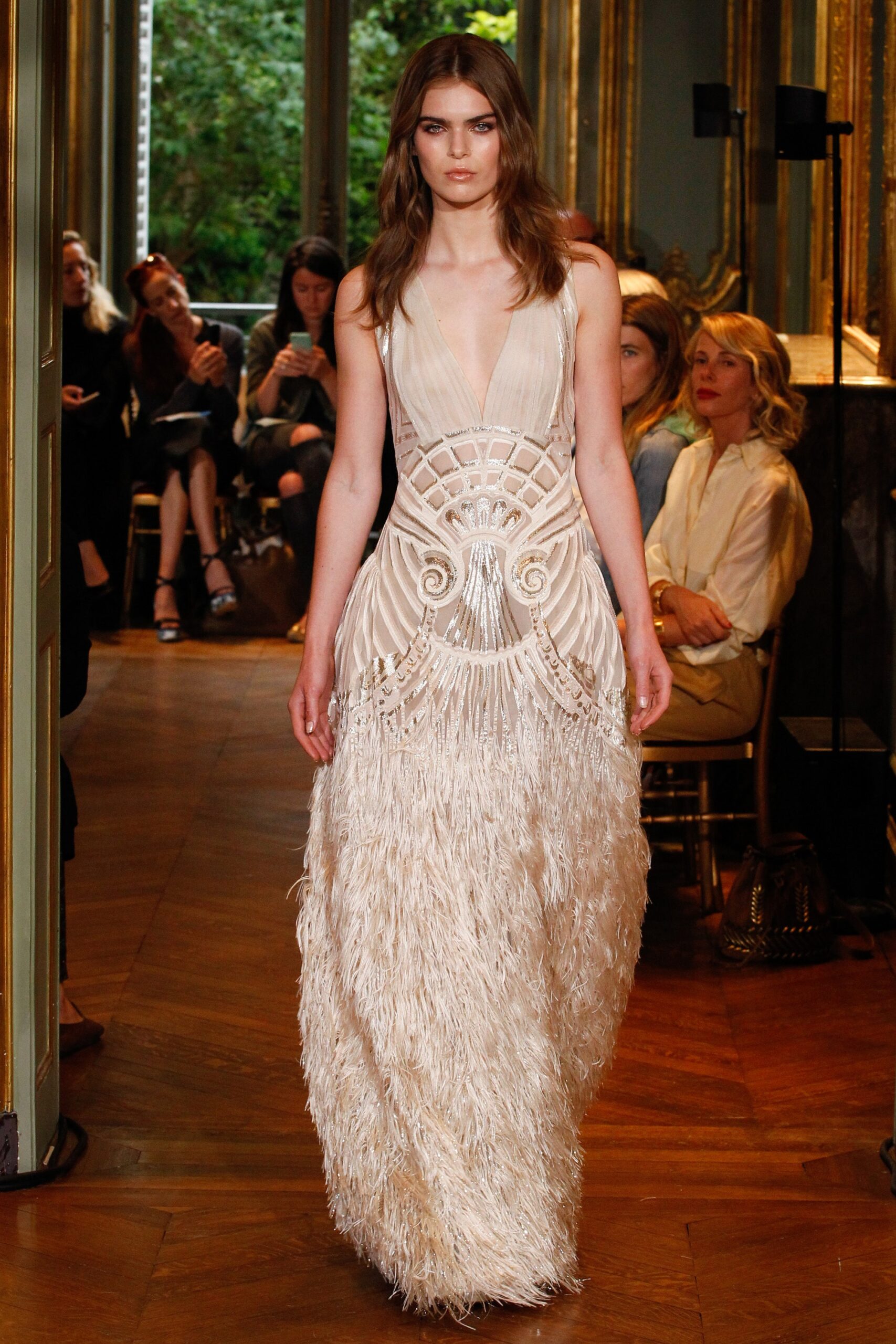 beige silk sleeveless gown