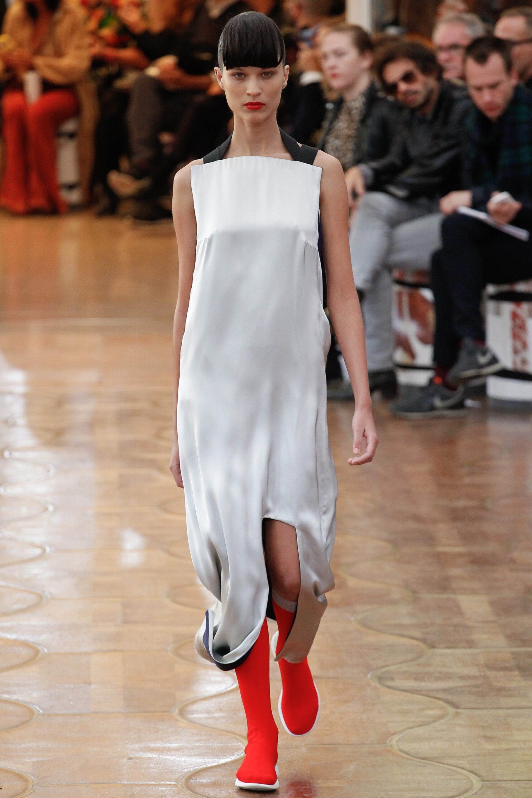 gray silk sleeveless v-neck relaxed draped flowing dress