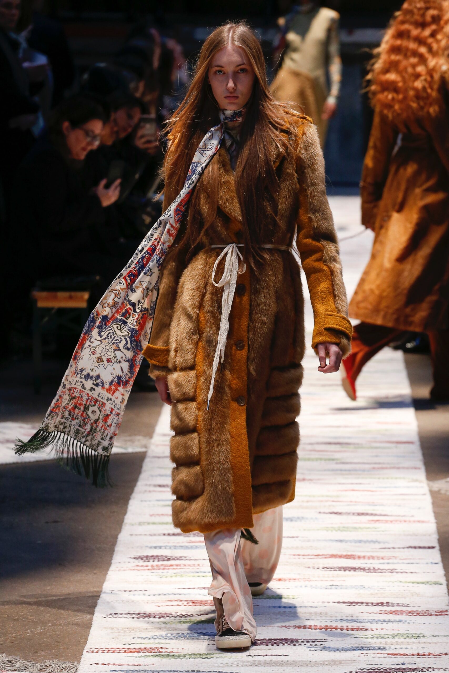 brown fur coat with embroidered scarf