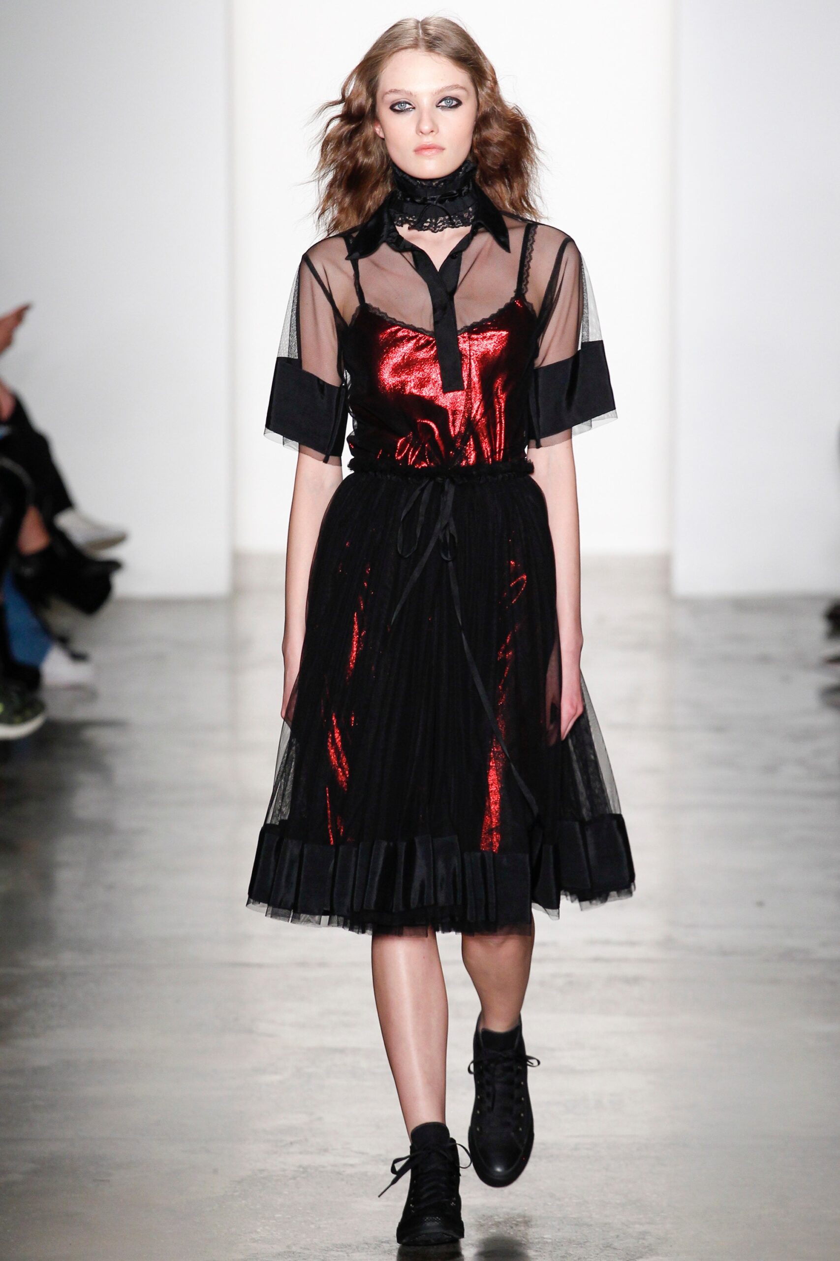 black and red pleated midi dress
