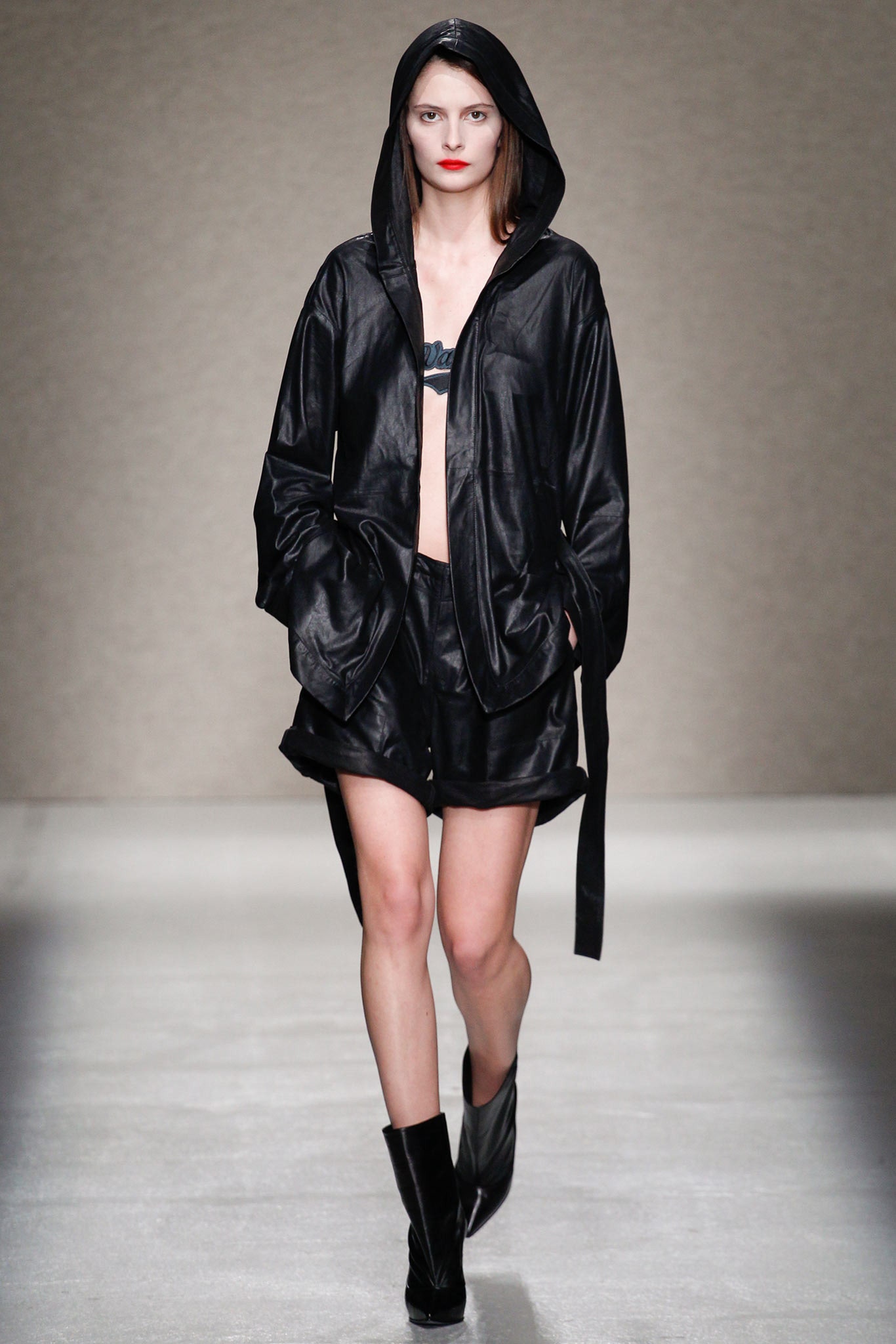 black leather long-sleeve hooded relaxed zippered jacket